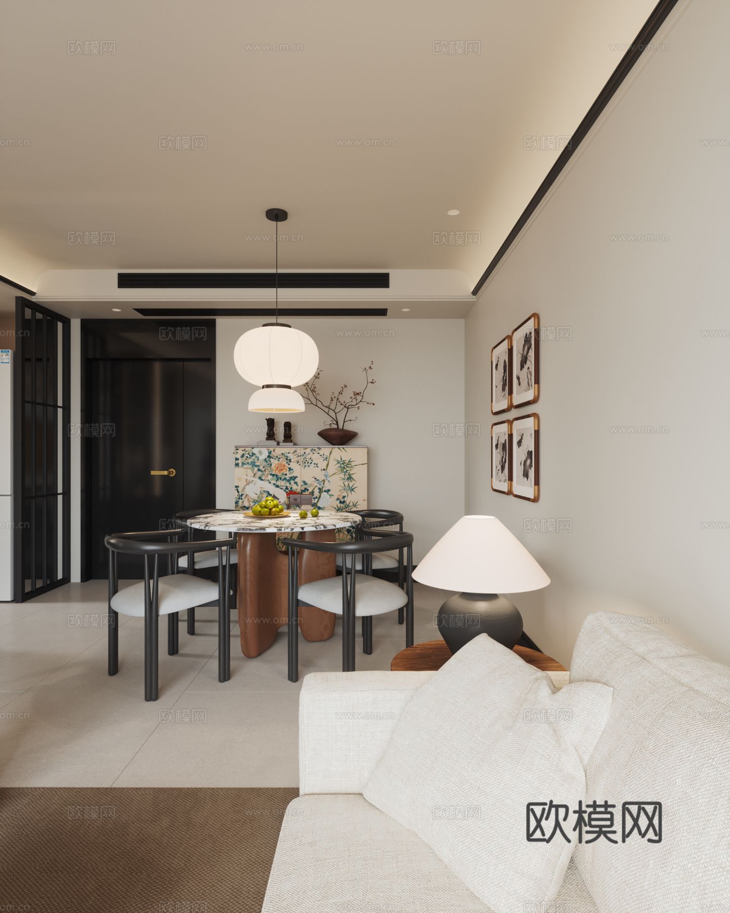 中古风家装效果客厅卧室大平层效果图下载（渲染图5）