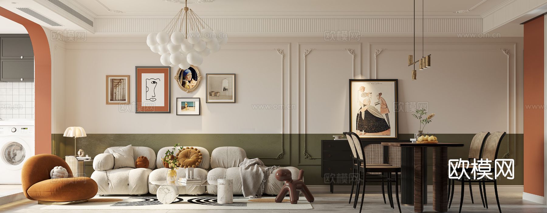 中古风家装效果客厅卧室大平层效果图下载（渲染图1）