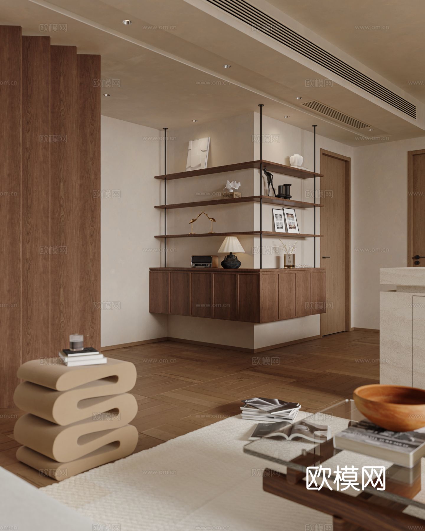 中古风家装效果客厅卧室大平层效果图下载（渲染图13）