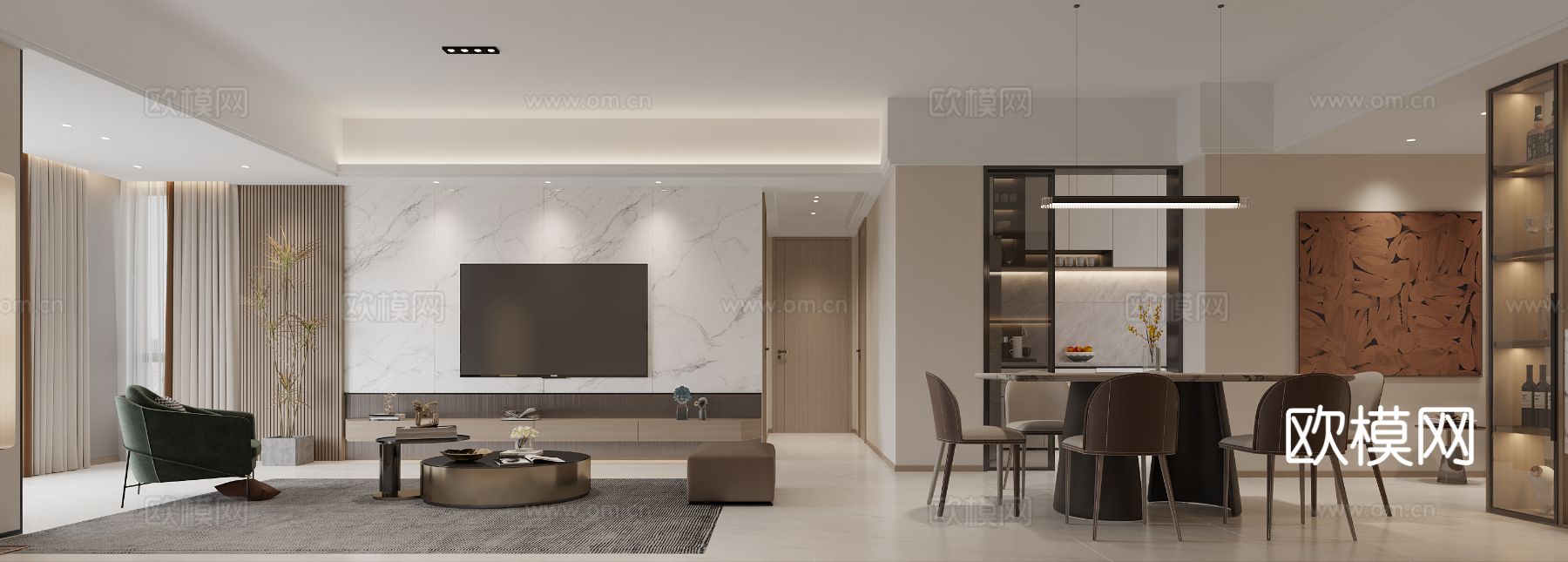 宋式新中式大平层家装风格效果图下载（渲染图2）