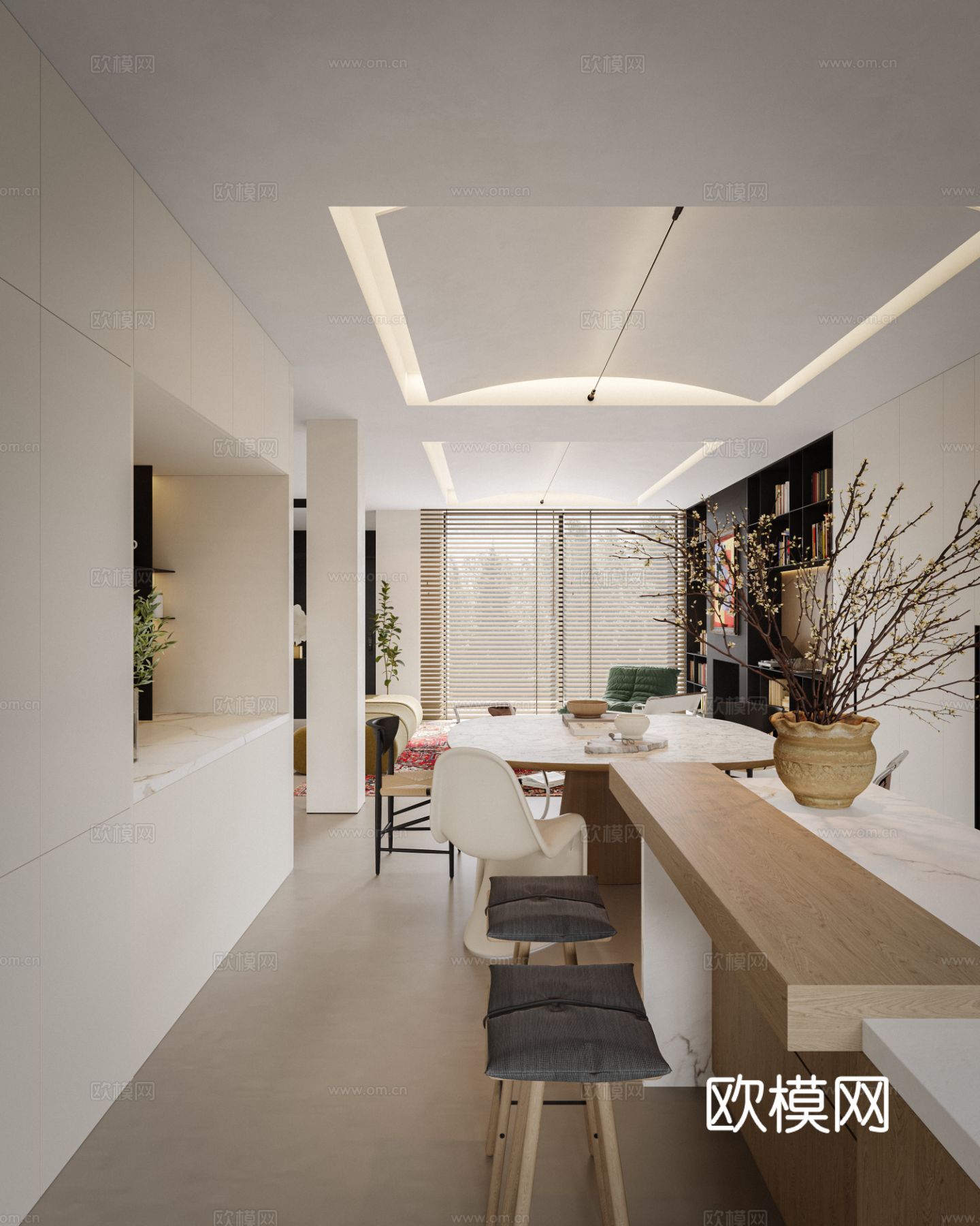 中古风家装效果客厅卧室大平层效果图下载（渲染图1）