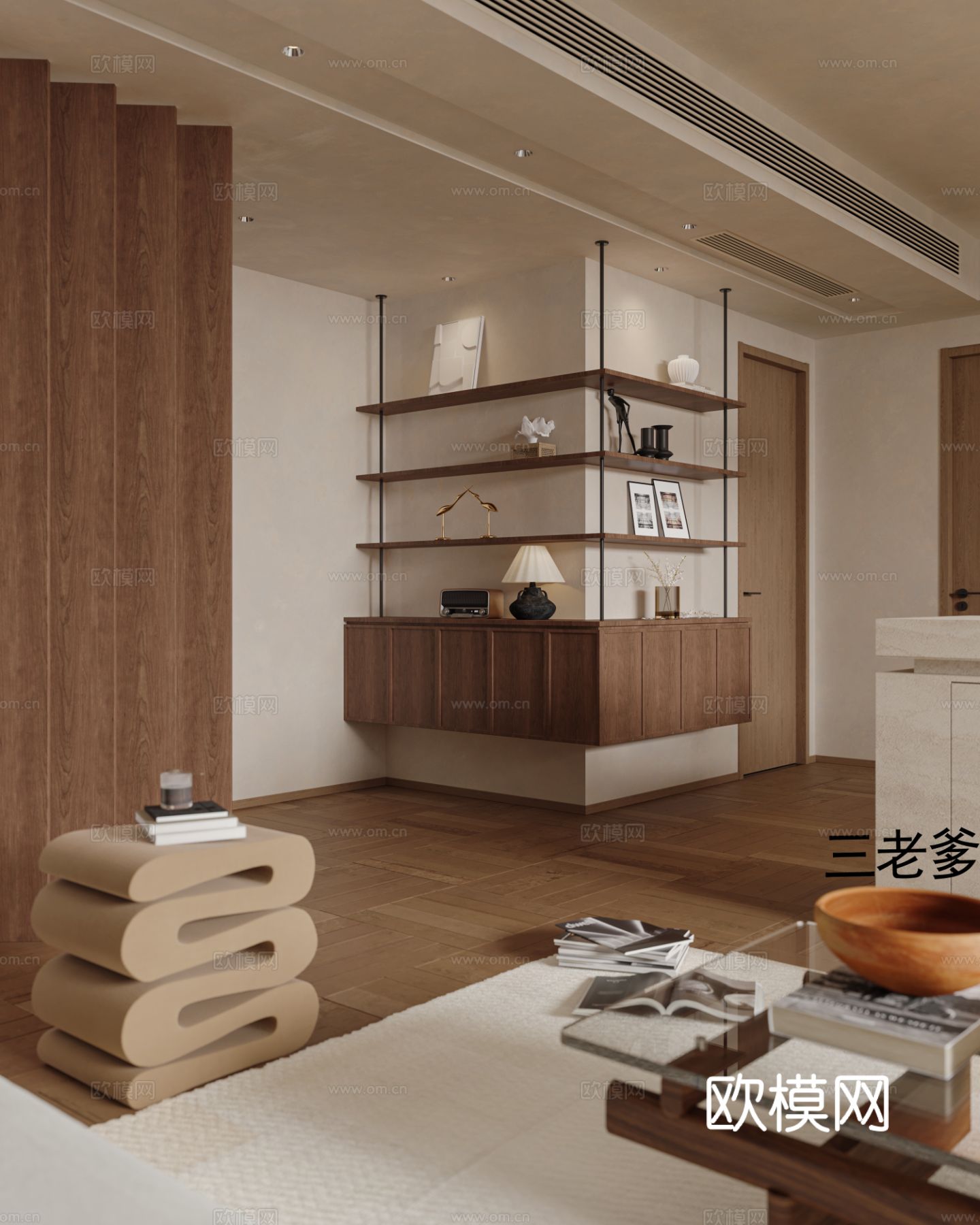 中古风家装效果客厅卧室大平层效果图下载（渲染图2）