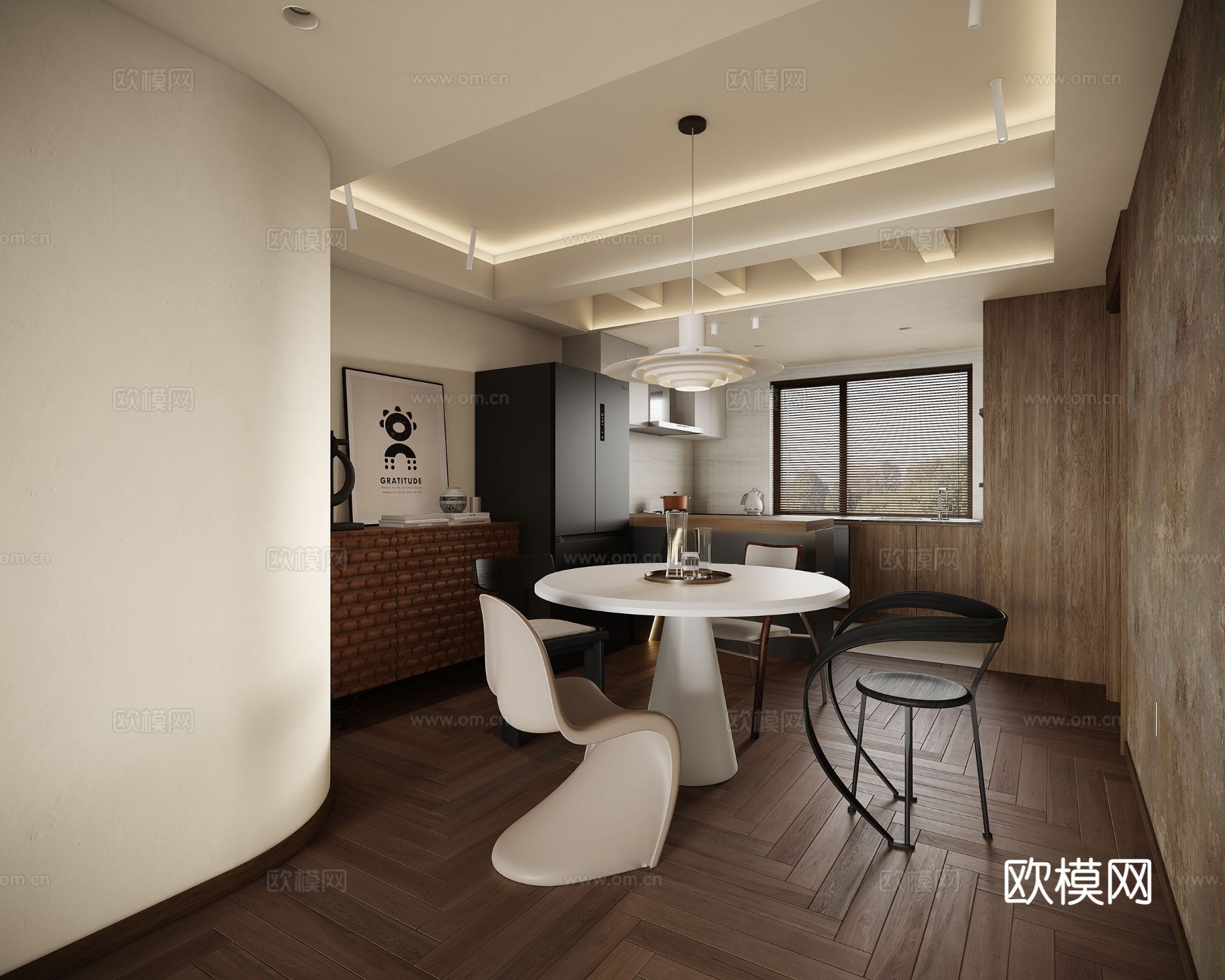 中古风家装效果客厅卧室大平层效果图下载（渲染图6）