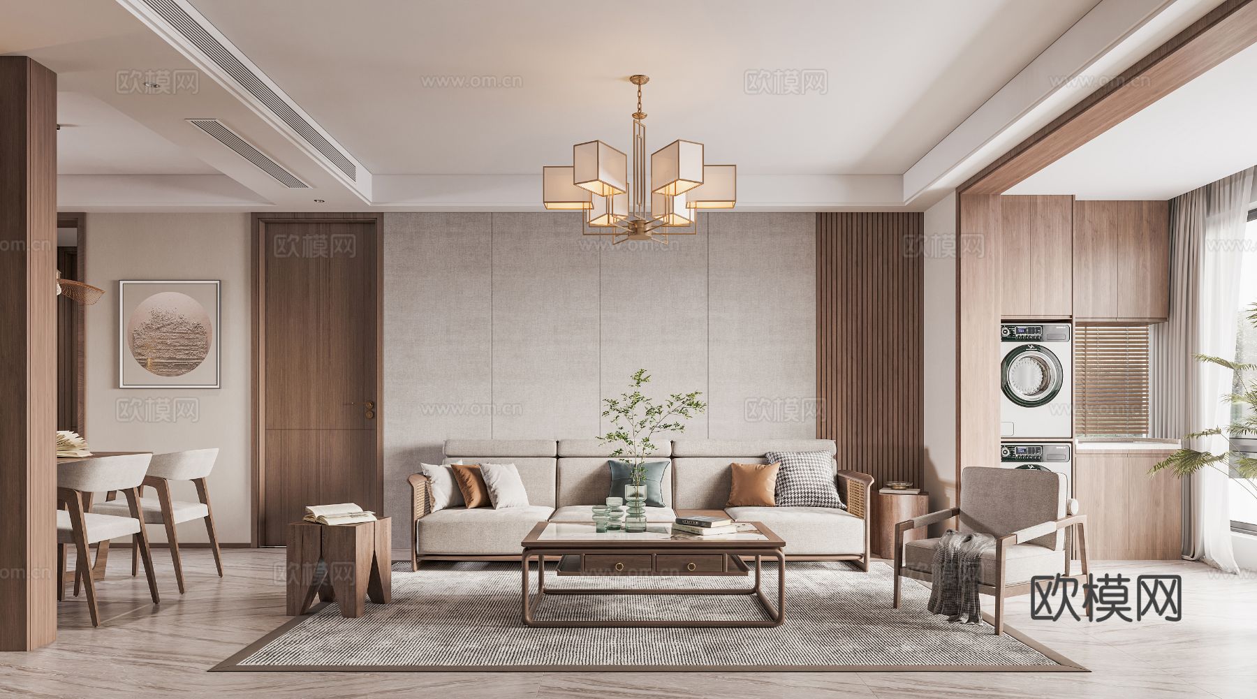 宋式新中式大平层家装风格效果图下载（渲染图1）