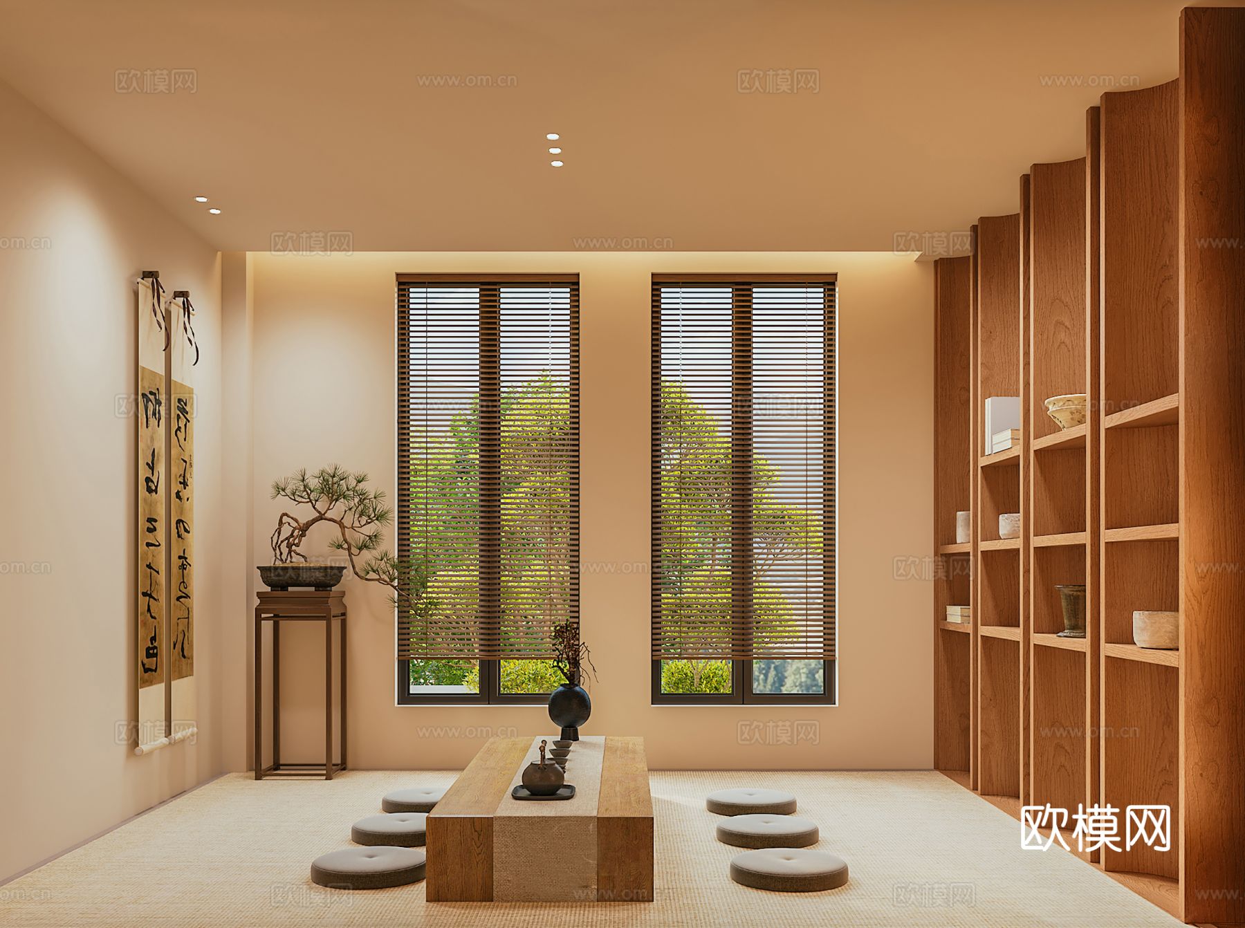 中古风家装效果客厅卧室大平层效果图下载（渲染图3）