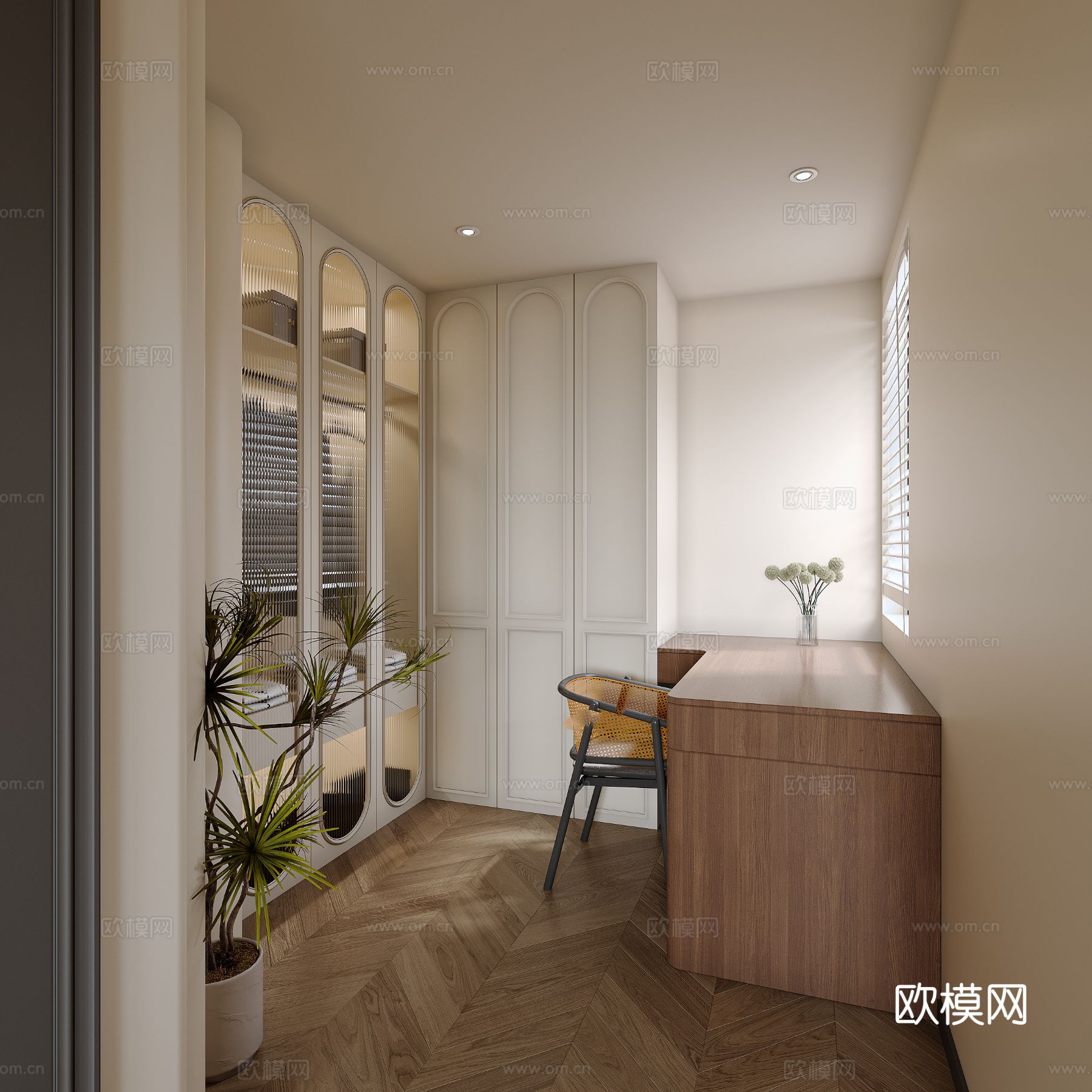 中古风家装效果客厅卧室大平层效果图下载（渲染图5）