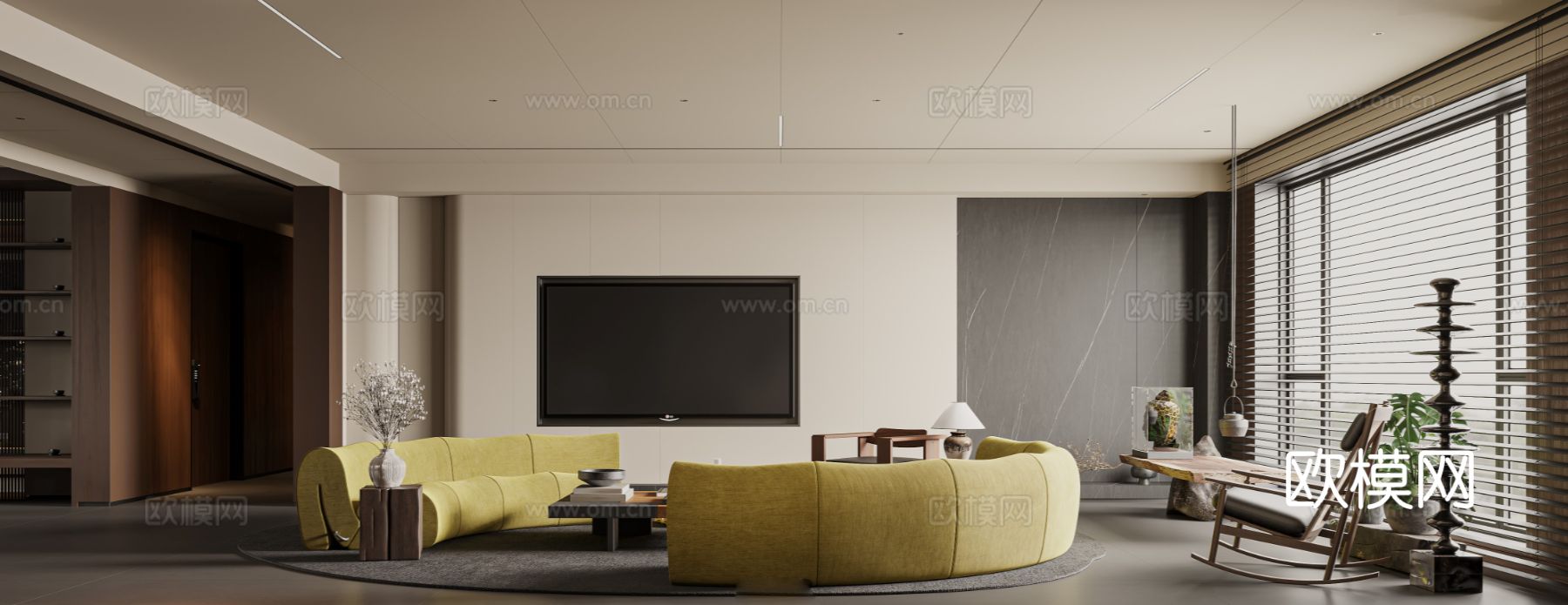 中古风家装效果客厅卧室大平层效果图下载（渲染图9）