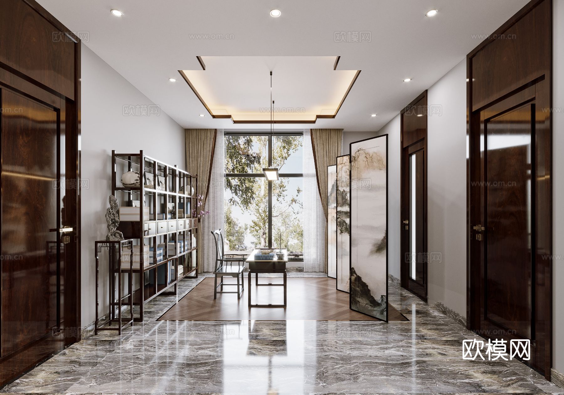 宋式新中式大平层家装风格效果图下载（渲染图4）