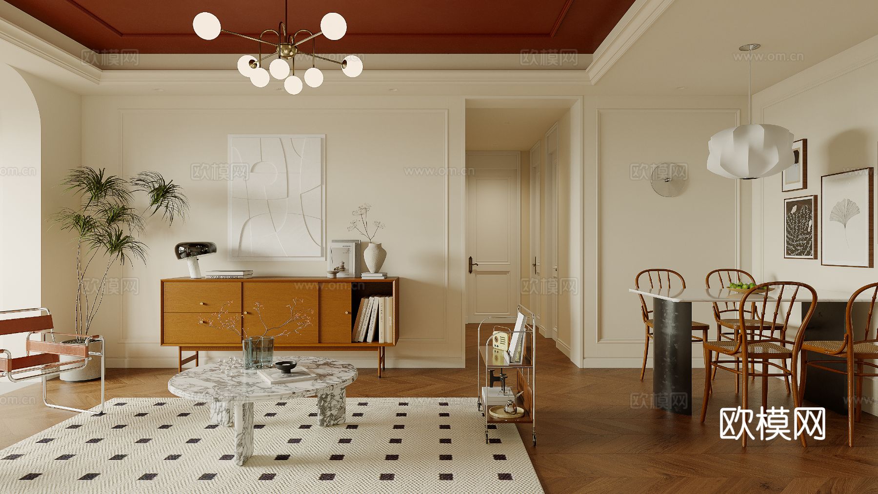 中古风家装效果客厅卧室大平层效果图下载（渲染图5）