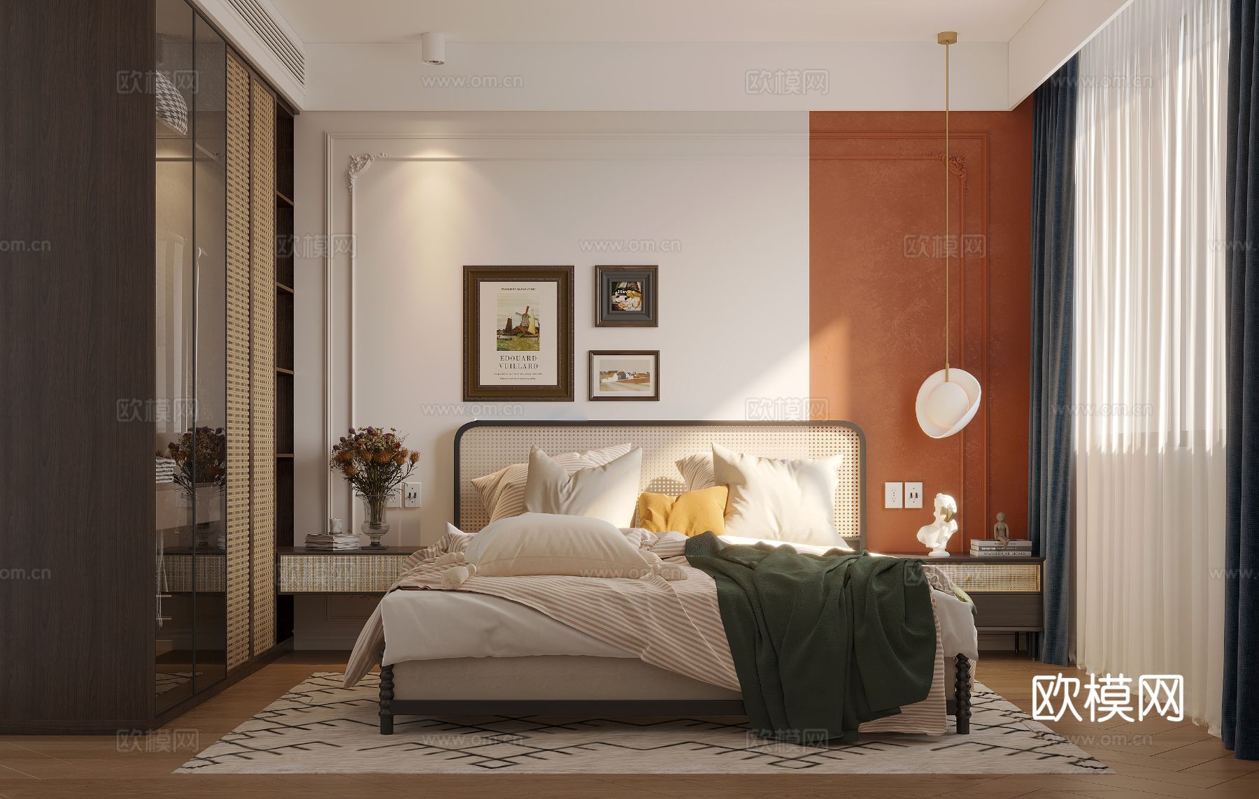 中古风家装效果客厅卧室大平层效果图下载（渲染图3）