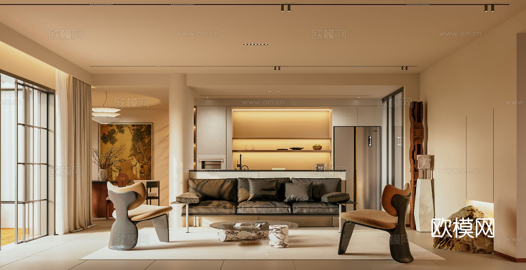 中古风家装效果客厅卧室大平层效果图下载（渲染图1）