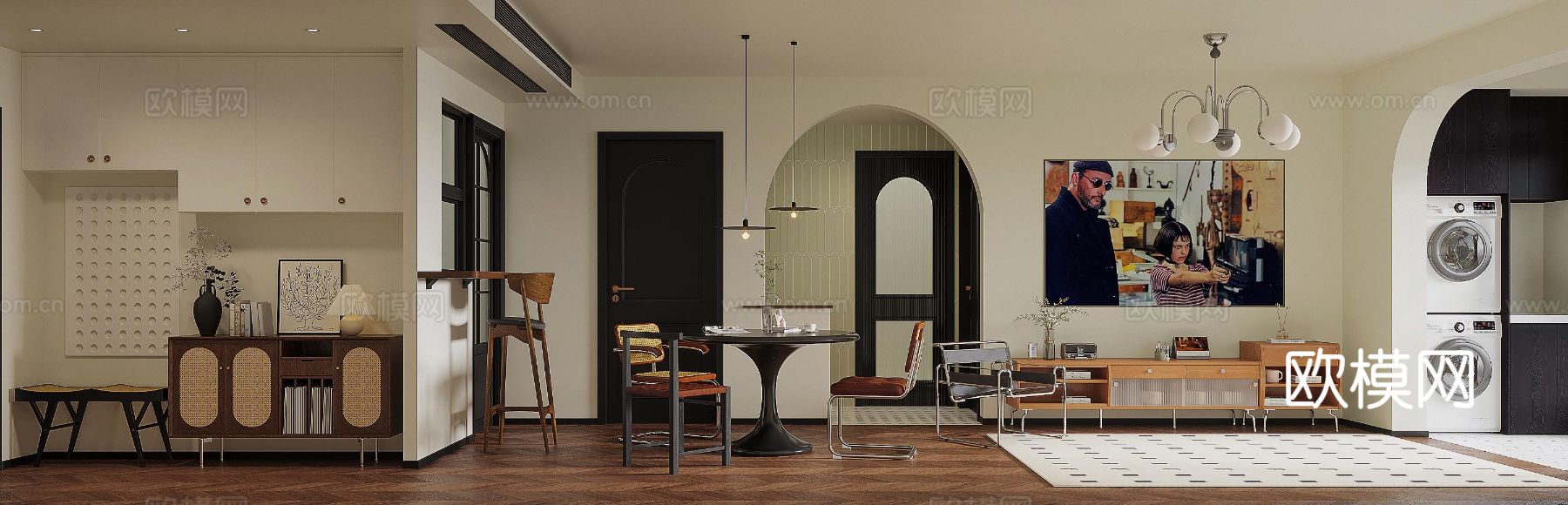 中古风家装效果客厅卧室大平层效果图下载（渲染图3）