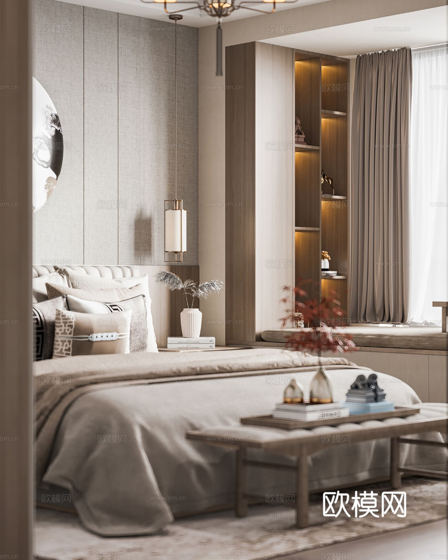 宋式新中式大平层家装风格效果图下载（渲染图6）