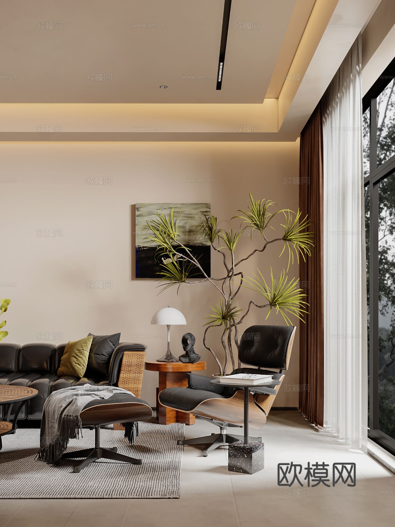 中古风家装效果客厅卧室大平层效果图下载（渲染图3）