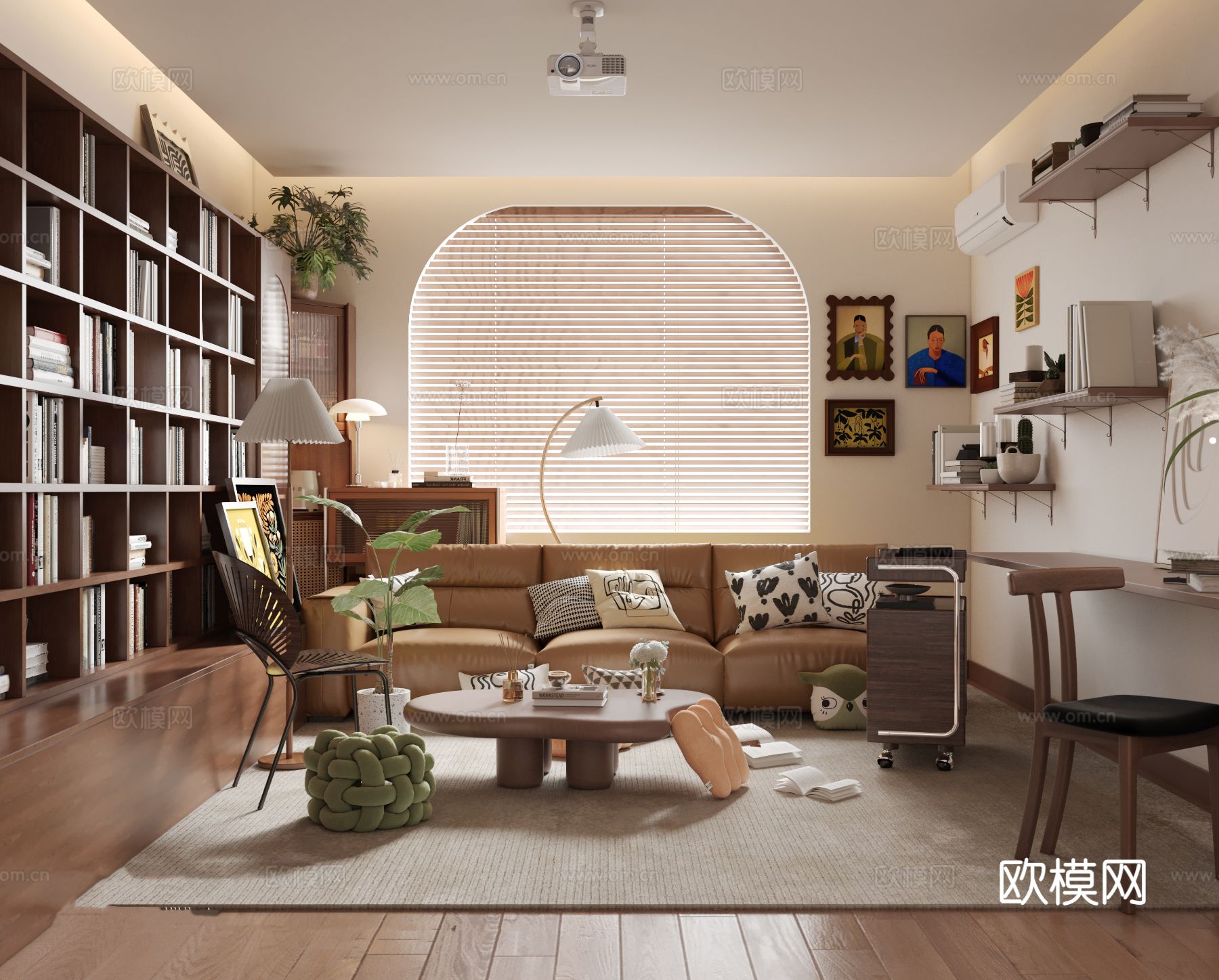 中古风家装效果客厅卧室大平层效果图下载（渲染图1）