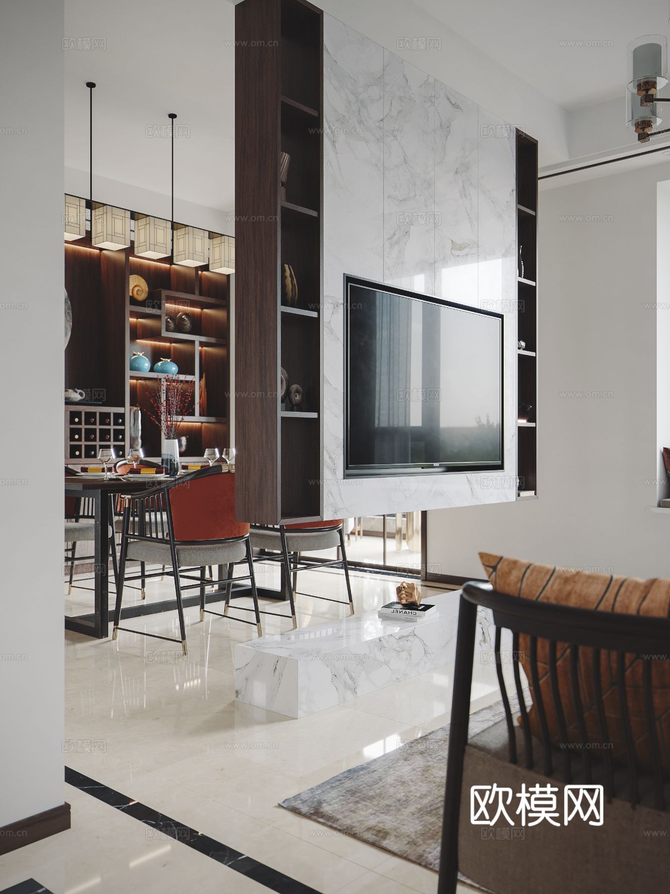 宋式新中式复式家装风格效果图下载（渲染图3）