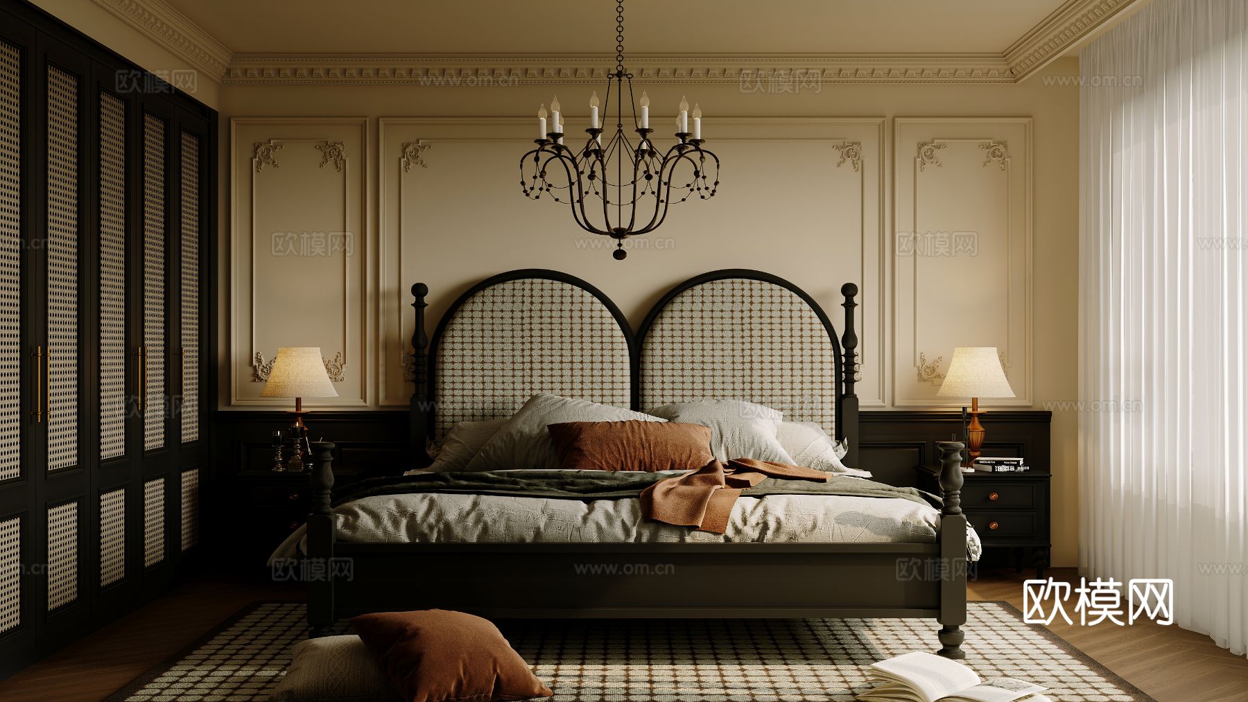 中古风家装效果客厅卧室大平层效果图下载（渲染图6）