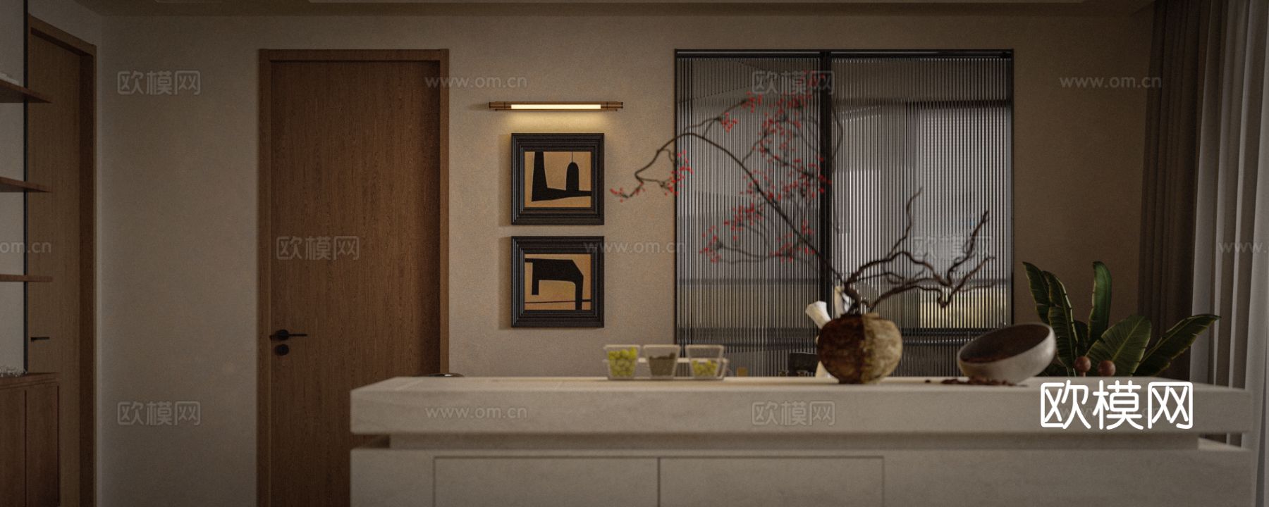 中古风家装效果客厅卧室大平层效果图下载（渲染图7）