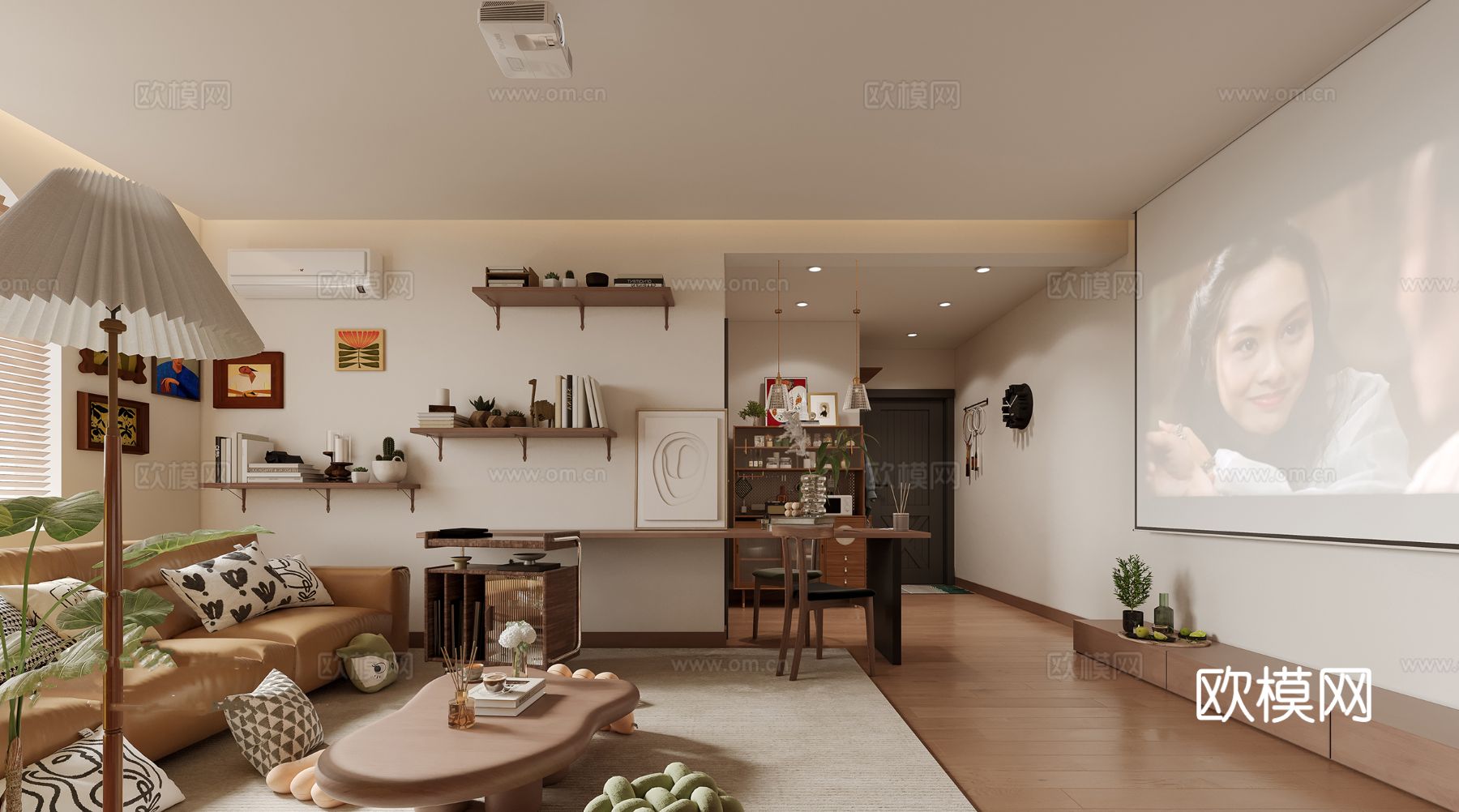 中古风家装效果客厅卧室大平层效果图下载（渲染图2）