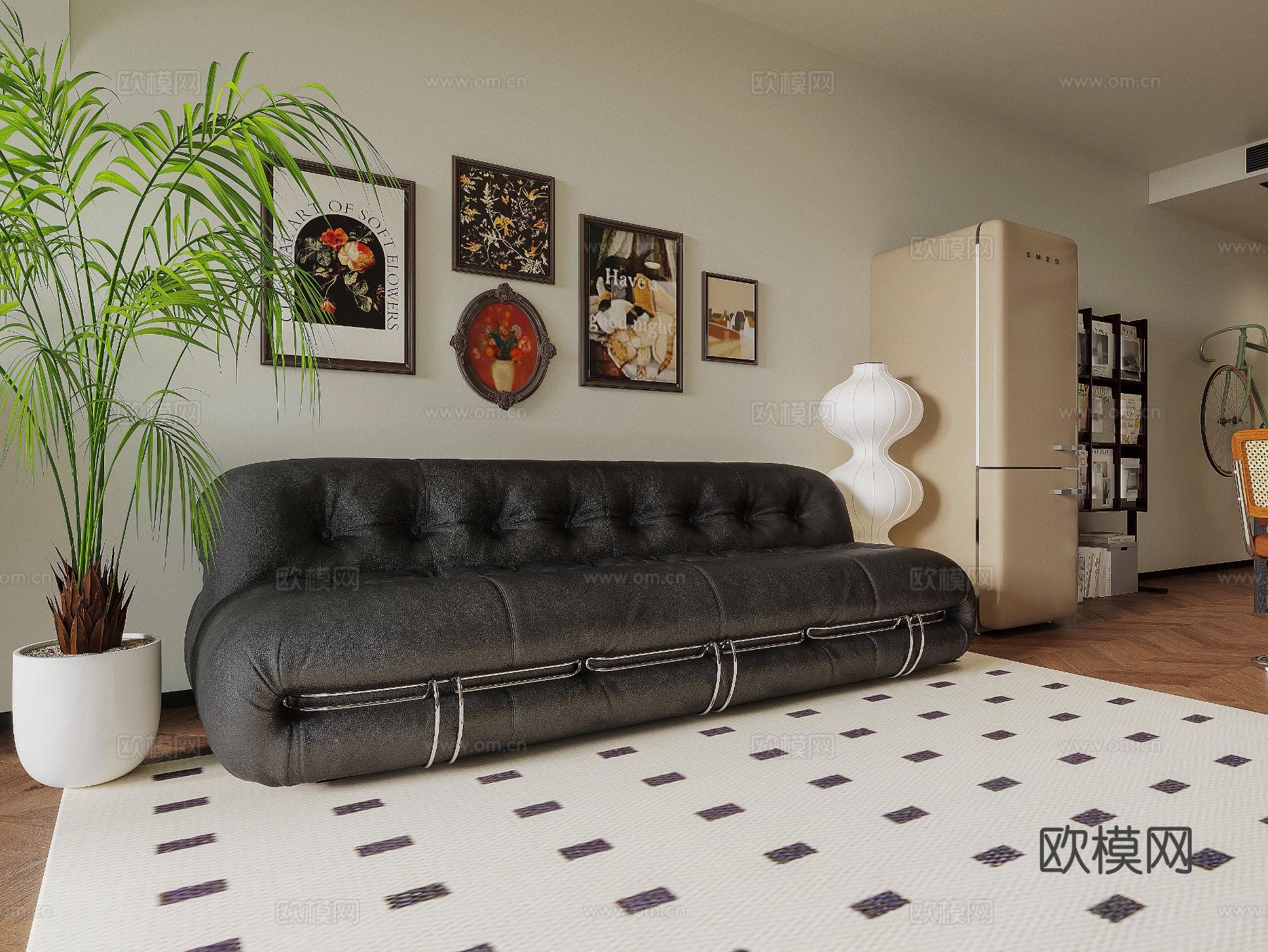 中古风家装效果客厅卧室大平层效果图下载（渲染图4）