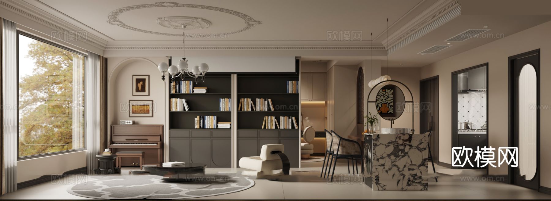 中古风家装客厅 卧室效果图下载（渲染图2）