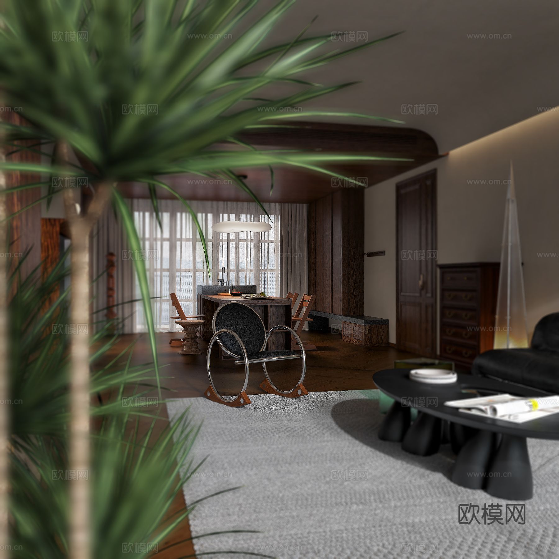 中古风家装效果客厅卧室大平层效果图下载（渲染图7）