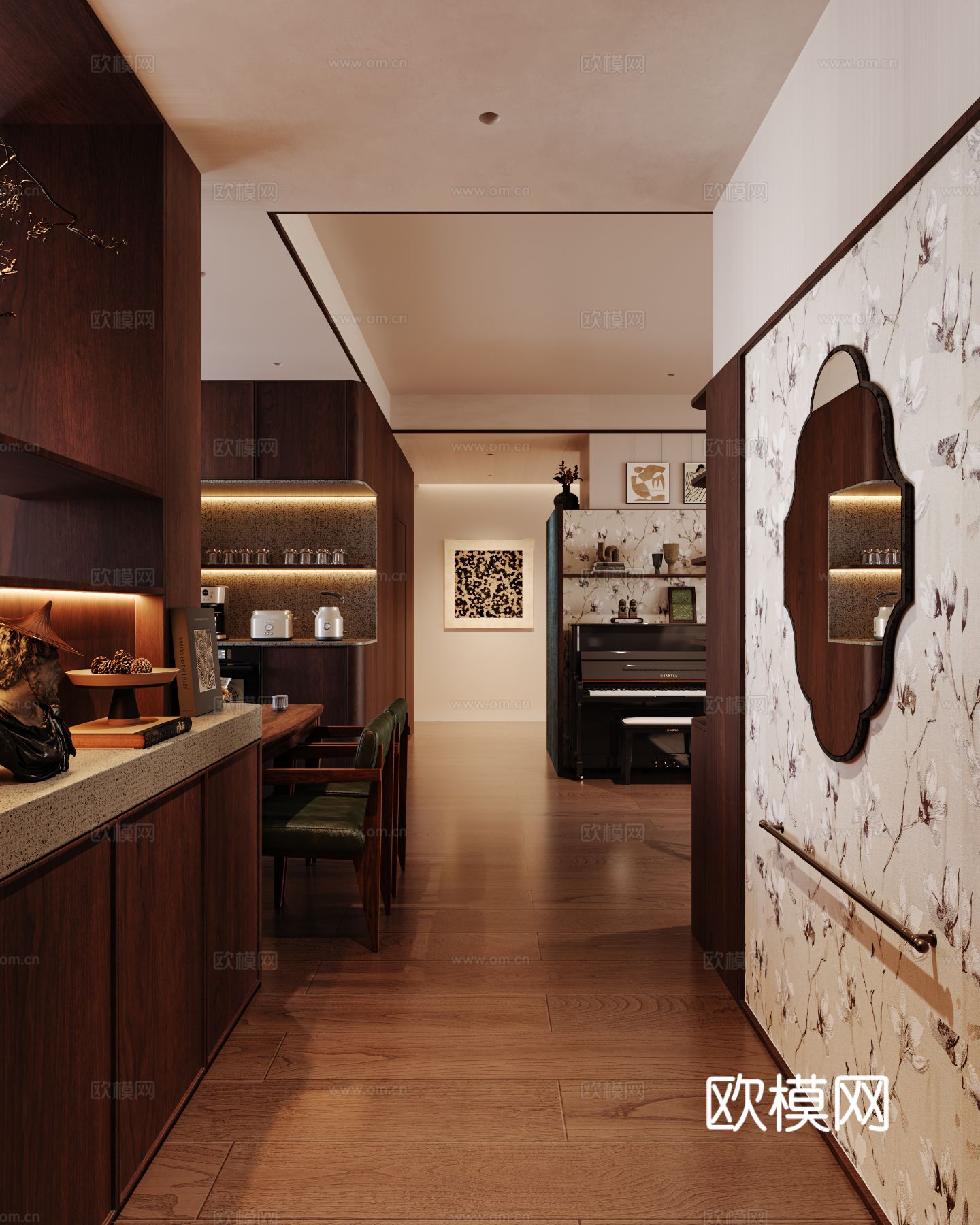 中古风家装效果客厅卧室大平层效果图下载（渲染图12）