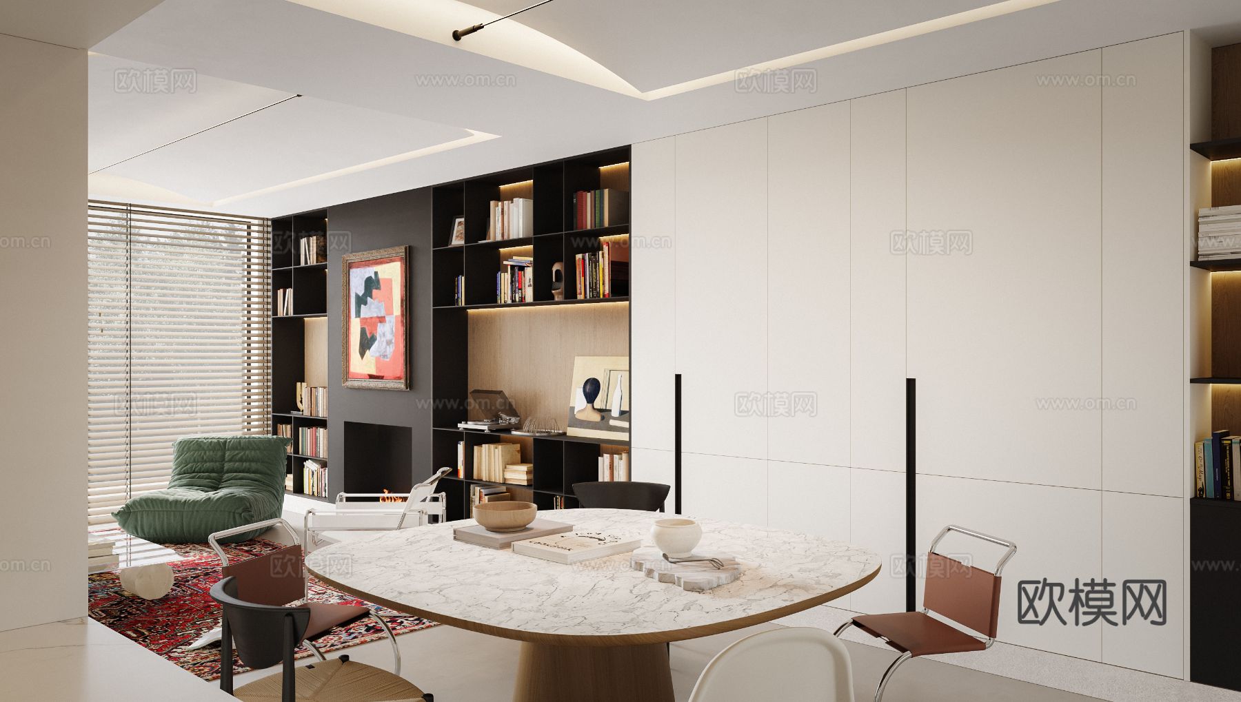 中古风家装效果客厅卧室大平层效果图下载（渲染图6）