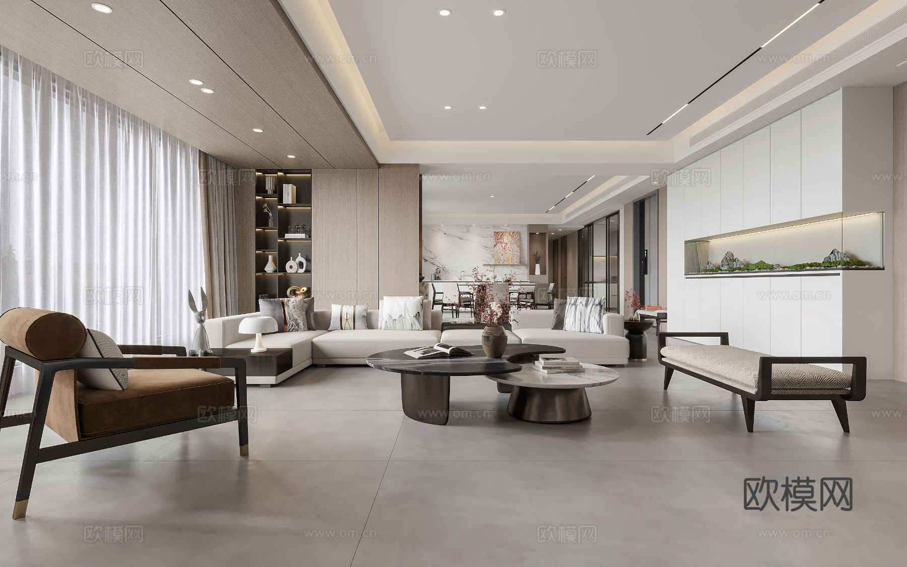 宋式新中式大平层家装风格效果图下载（渲染图1）