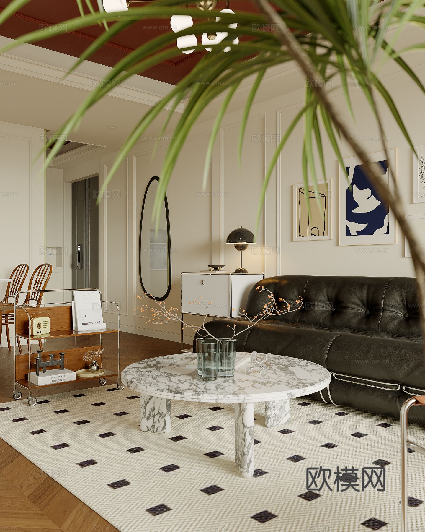 中古风家装效果客厅卧室大平层效果图下载（渲染图4）