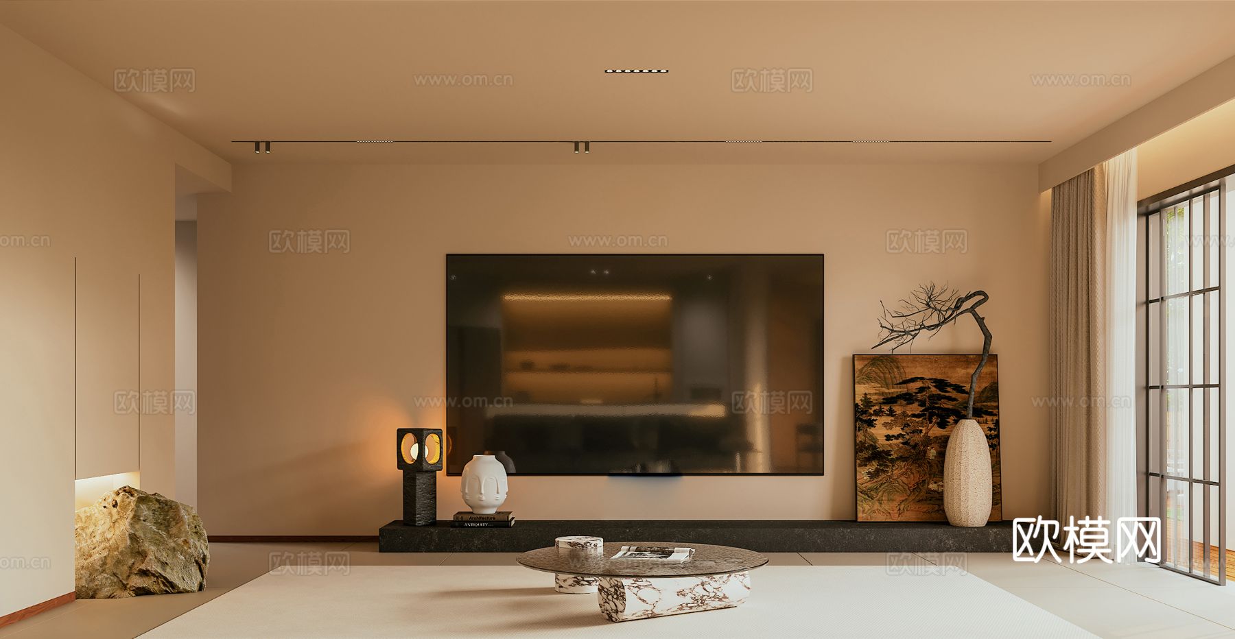 中古风家装效果客厅卧室大平层效果图下载（渲染图4）