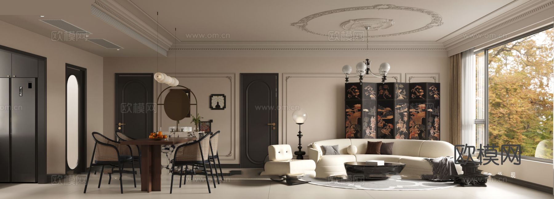 中古风家装客厅 卧室效果图下载（渲染图1）