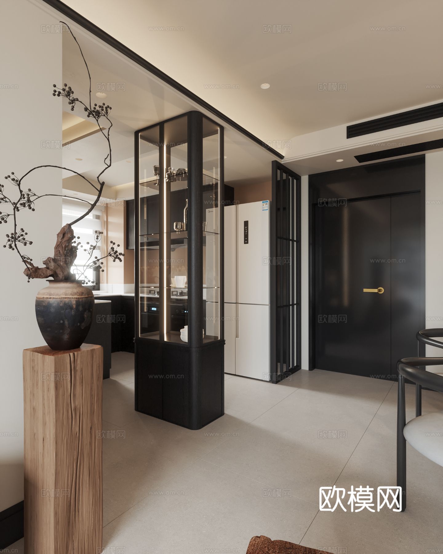 中古风家装效果客厅卧室大平层效果图下载（渲染图6）