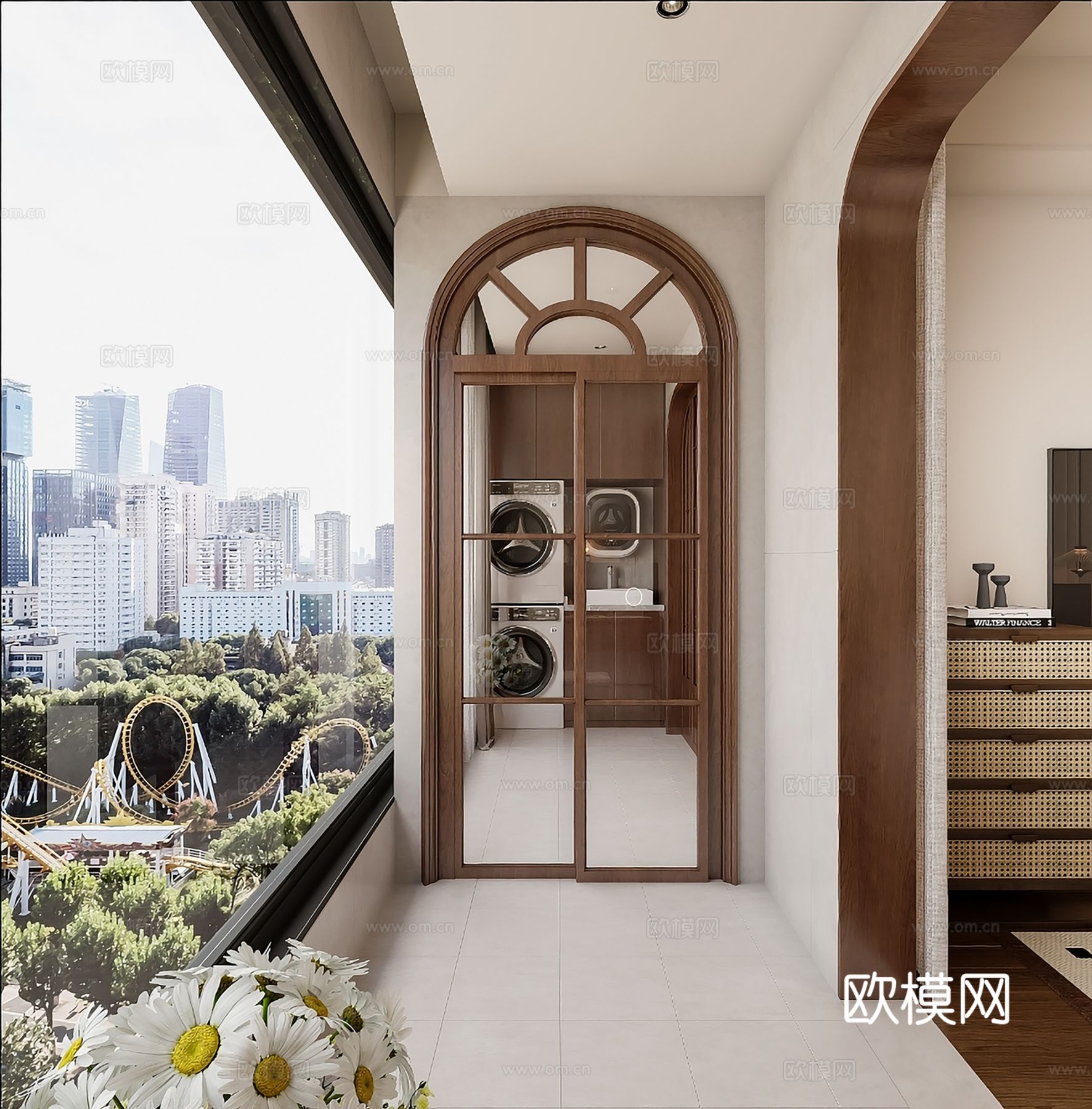 中古风家装效果客厅卧室大平层效果图下载（渲染图6）