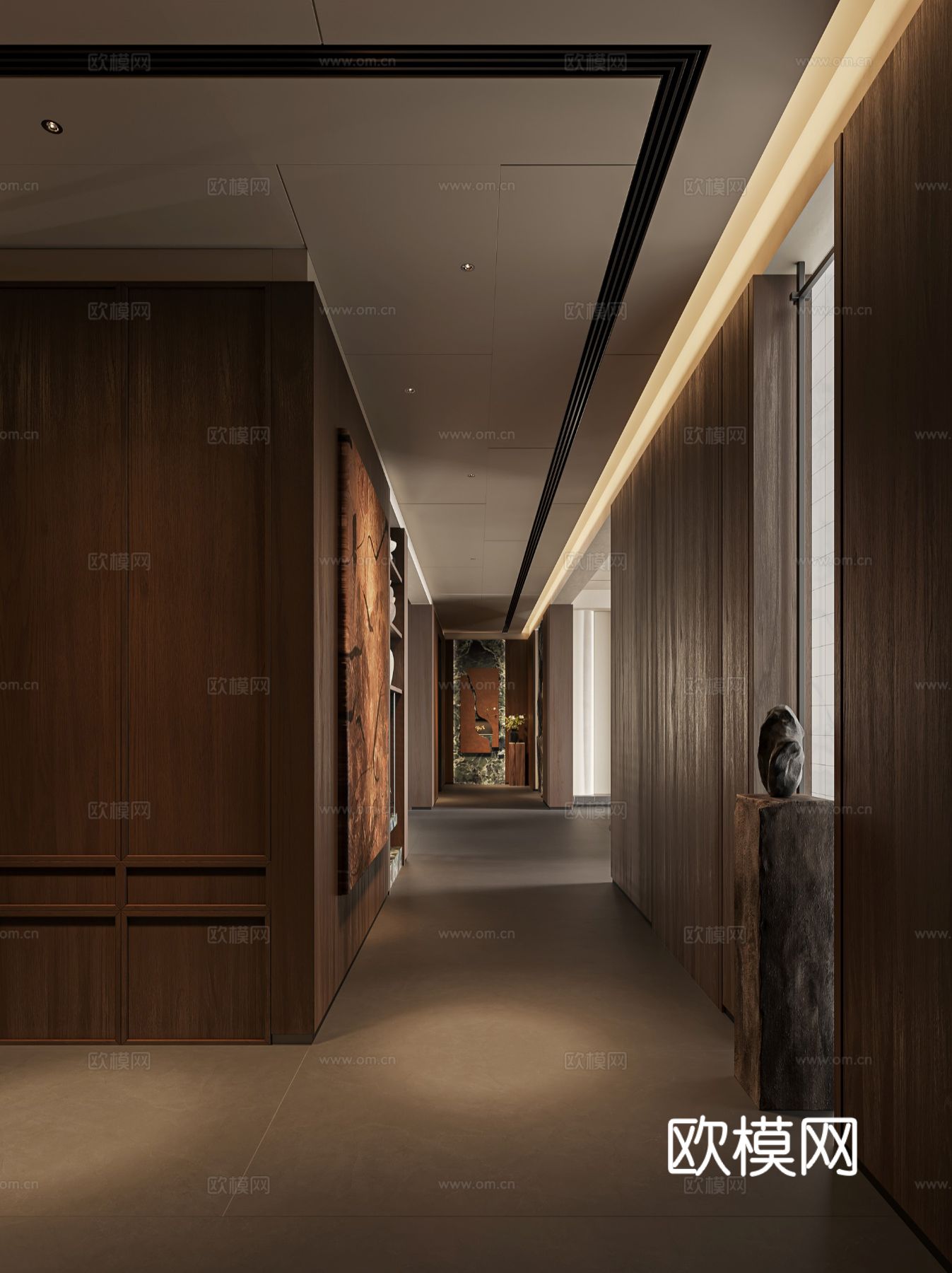 中古风家装效果客厅卧室大平层效果图下载（渲染图4）