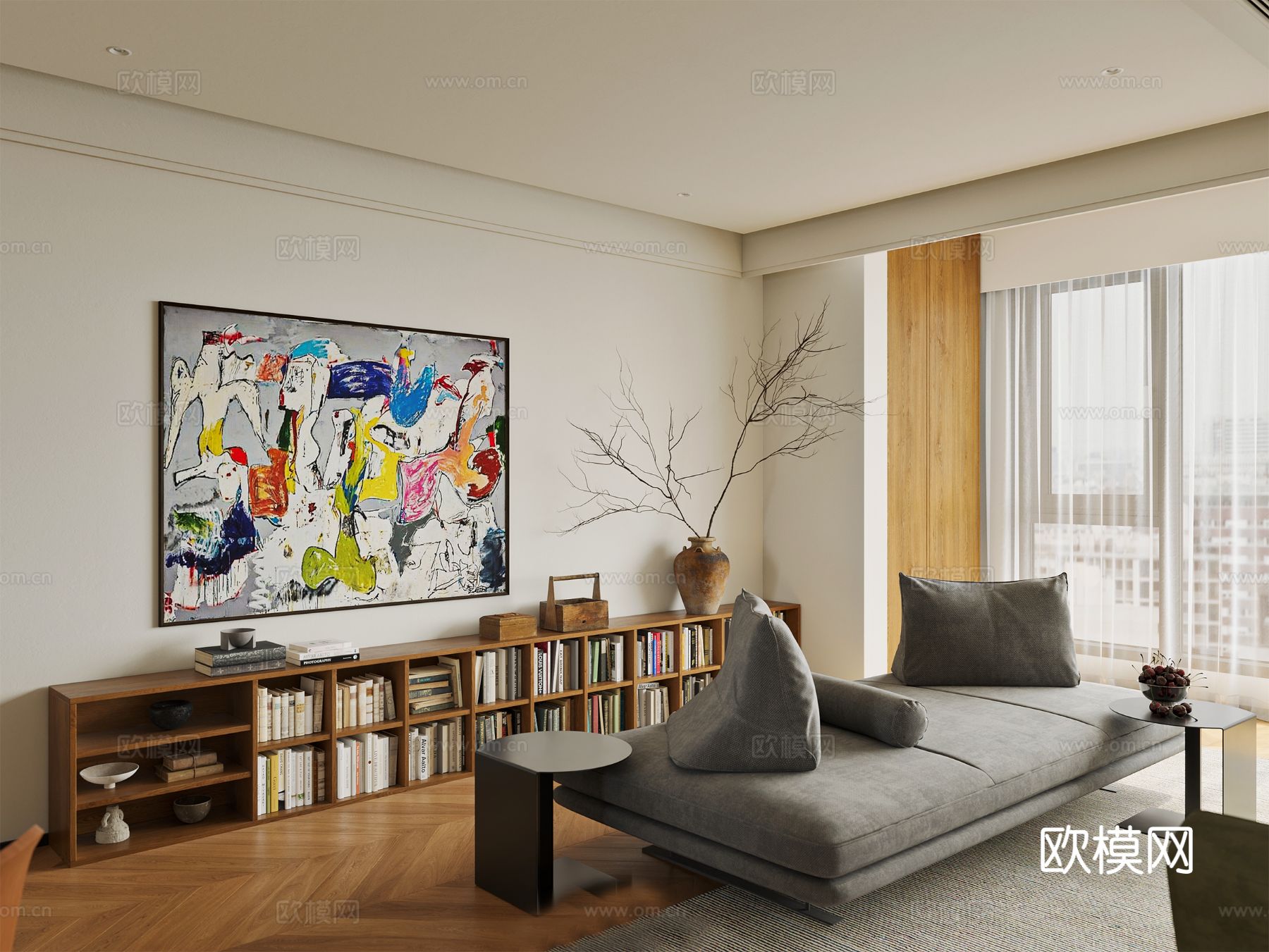 中古风家装效果客厅卧室大平层效果图下载（渲染图1）