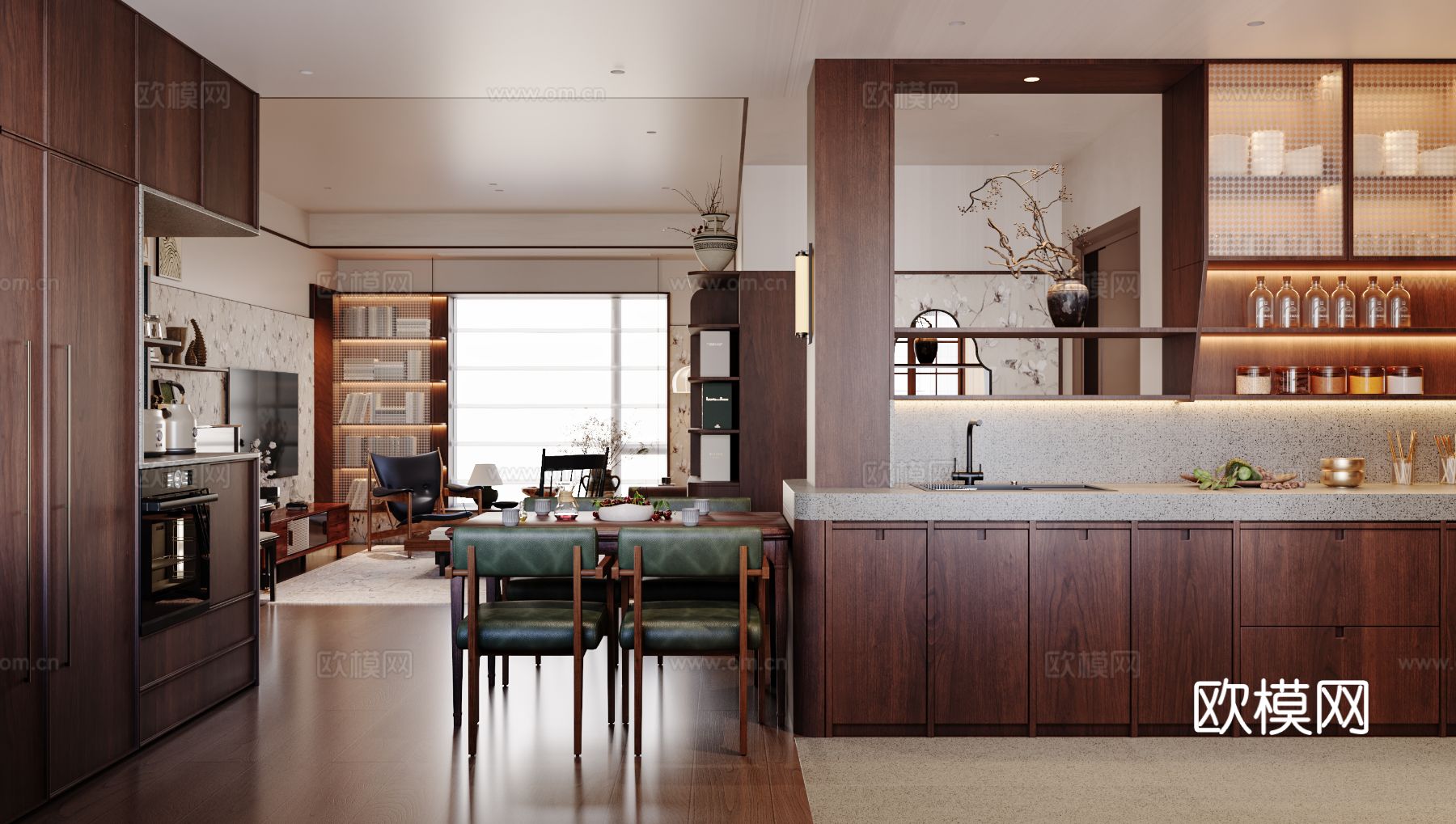 中古风家装效果客厅卧室大平层效果图下载（渲染图4）