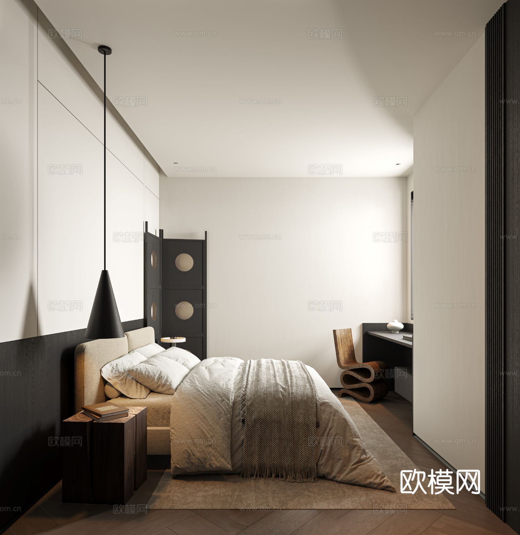 中古风家装效果客厅卧室大平层效果图下载（渲染图2）