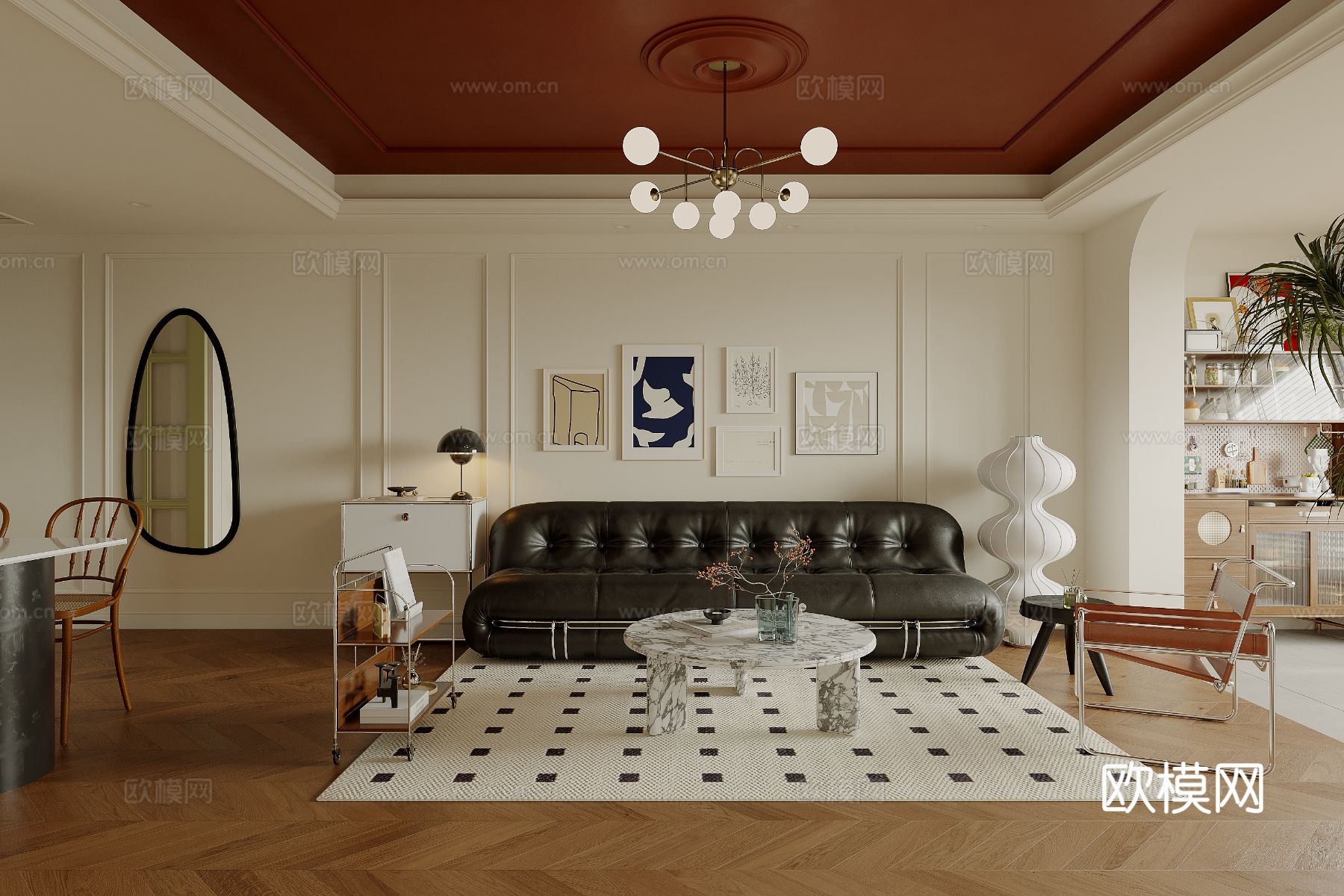 中古风家装效果客厅卧室大平层效果图下载（渲染图1）