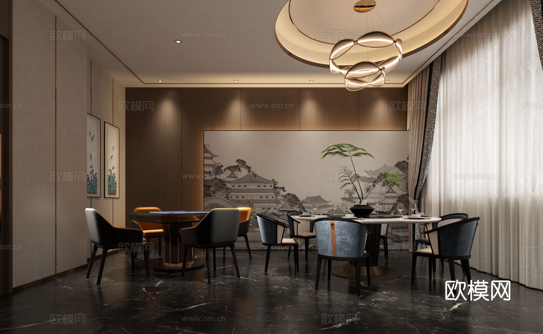 新中式茶室设计 餐厅效果图下载（渲染图5）