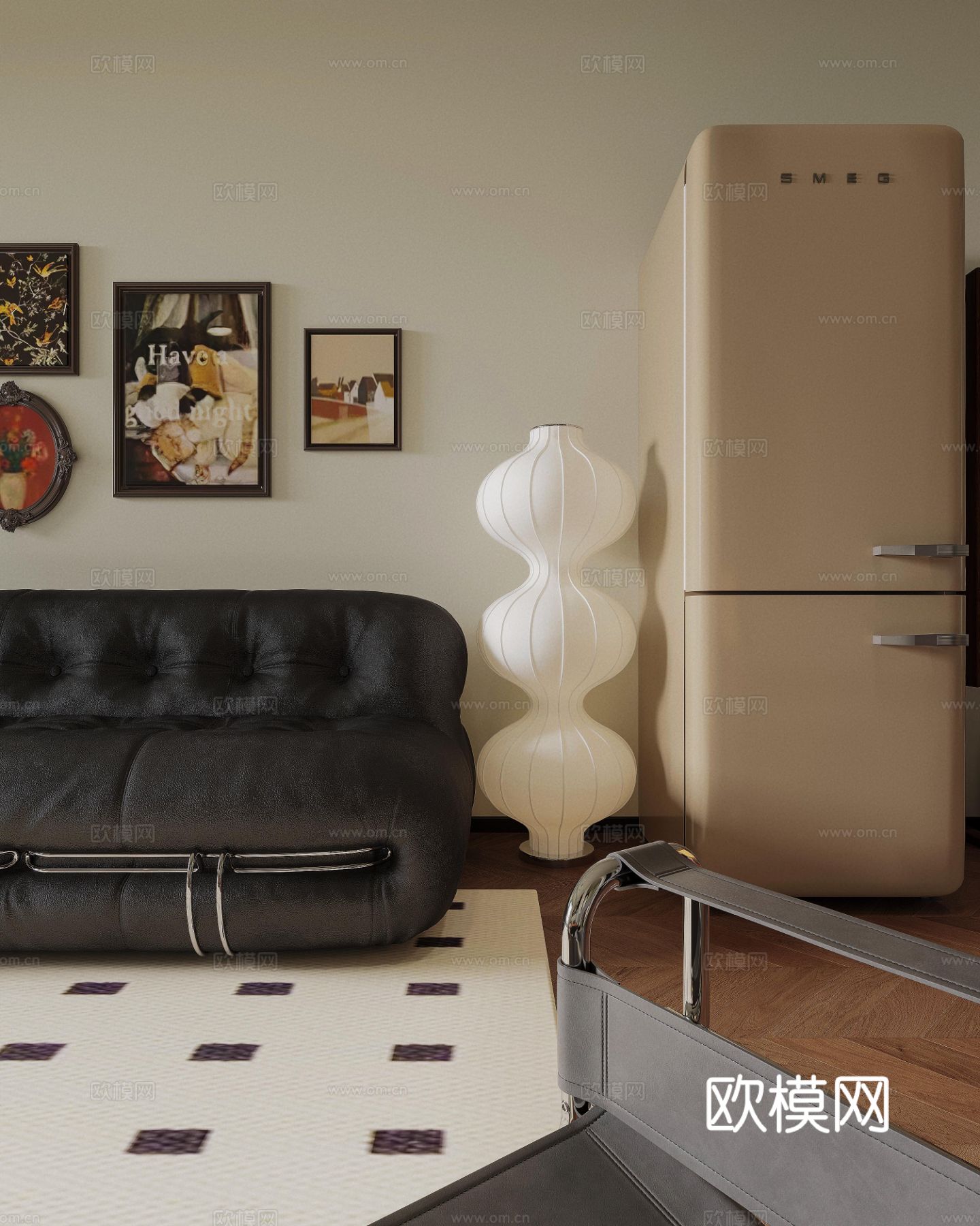 中古风家装效果客厅卧室大平层效果图下载（渲染图5）