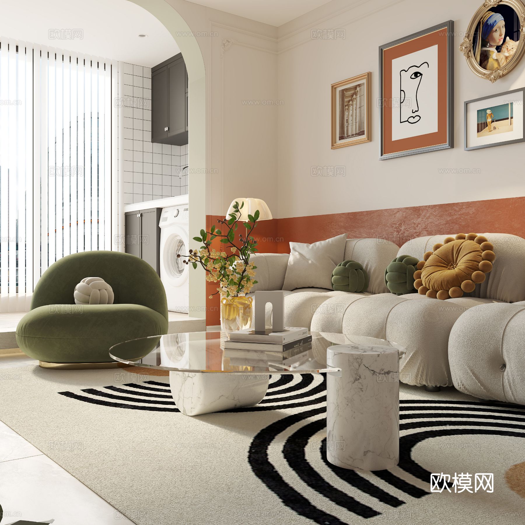 中古风家装效果客厅卧室大平层效果图下载（渲染图11）