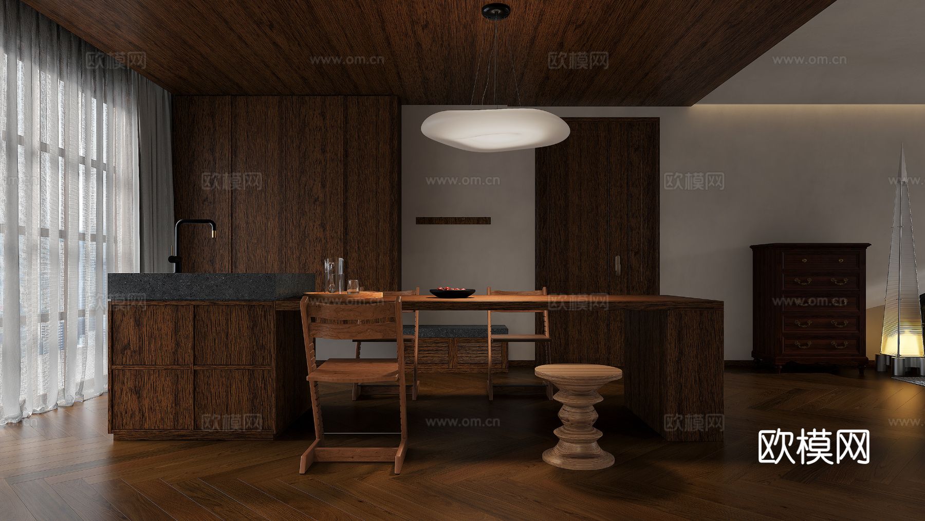 中古风家装效果客厅卧室大平层效果图下载（渲染图5）