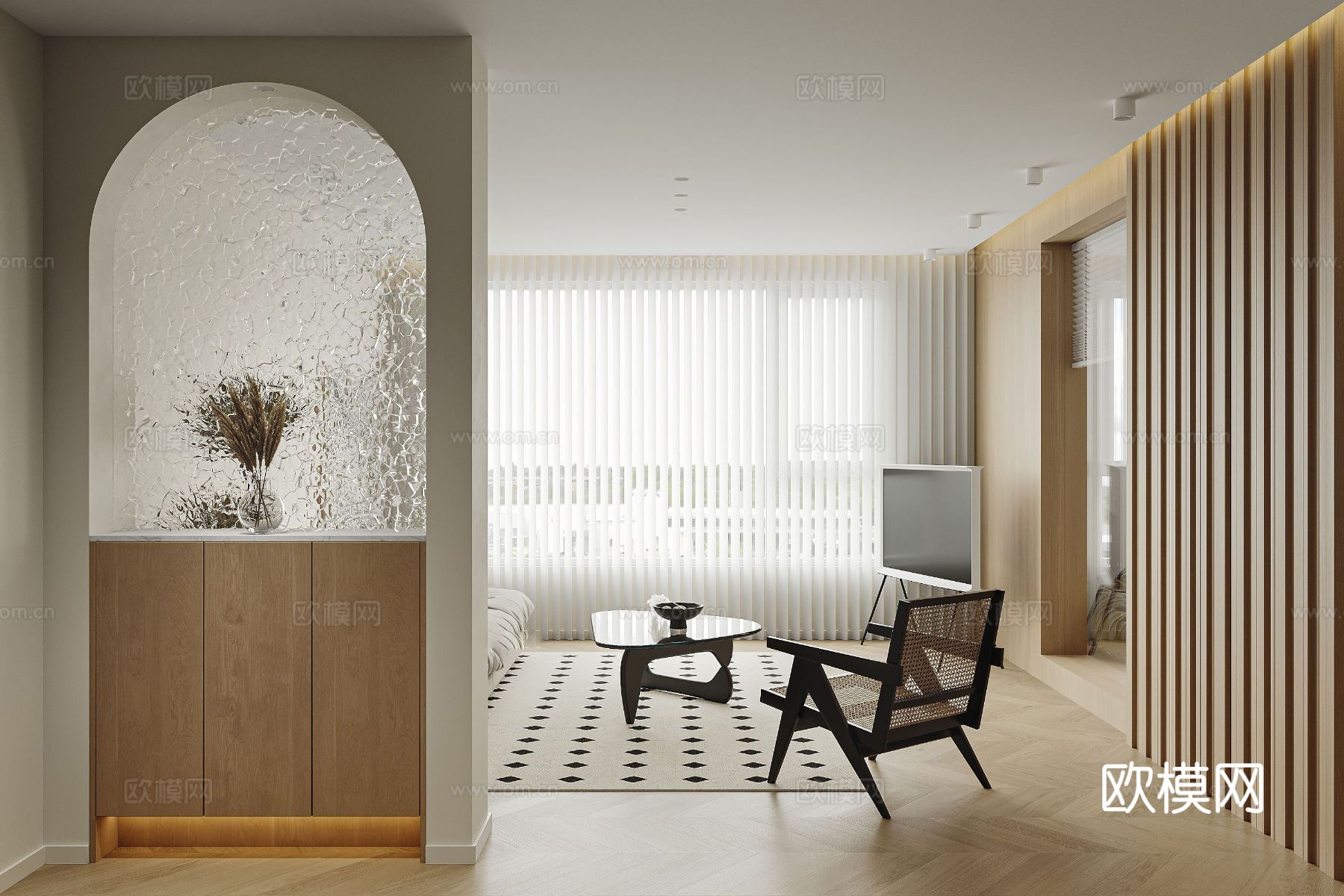 中古风家装效果客厅卧室大平层效果图下载（渲染图3）