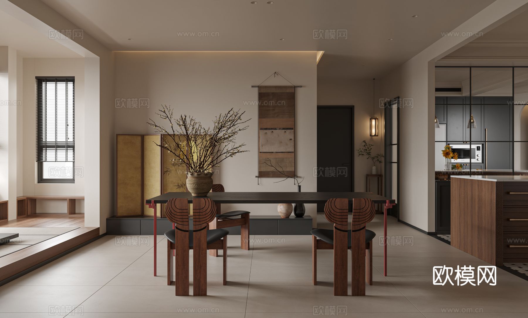 中古风家装效果客厅卧室大平层效果图下载（渲染图7）