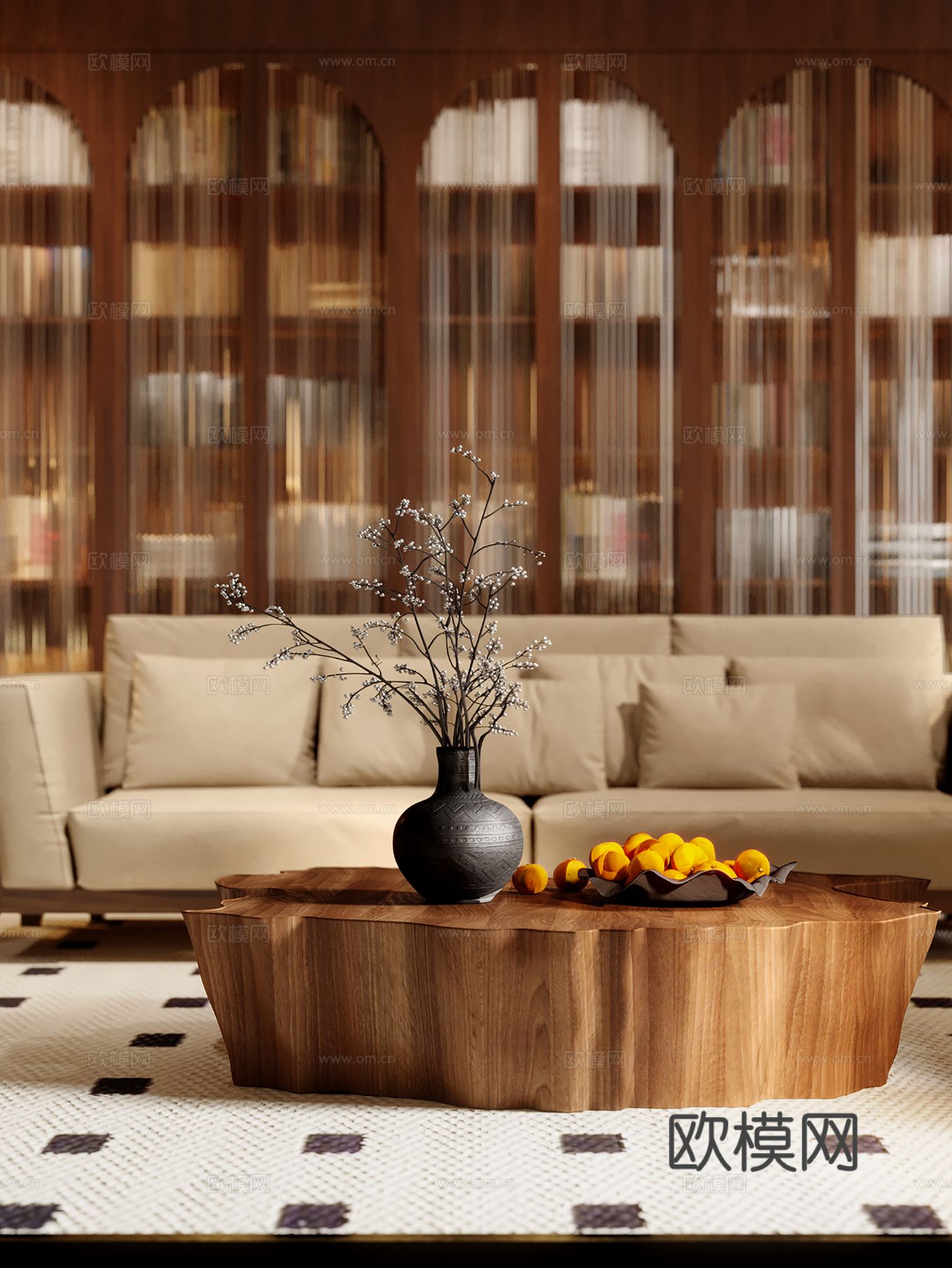 中古风家装效果客厅卧室大平层效果图下载（渲染图6）