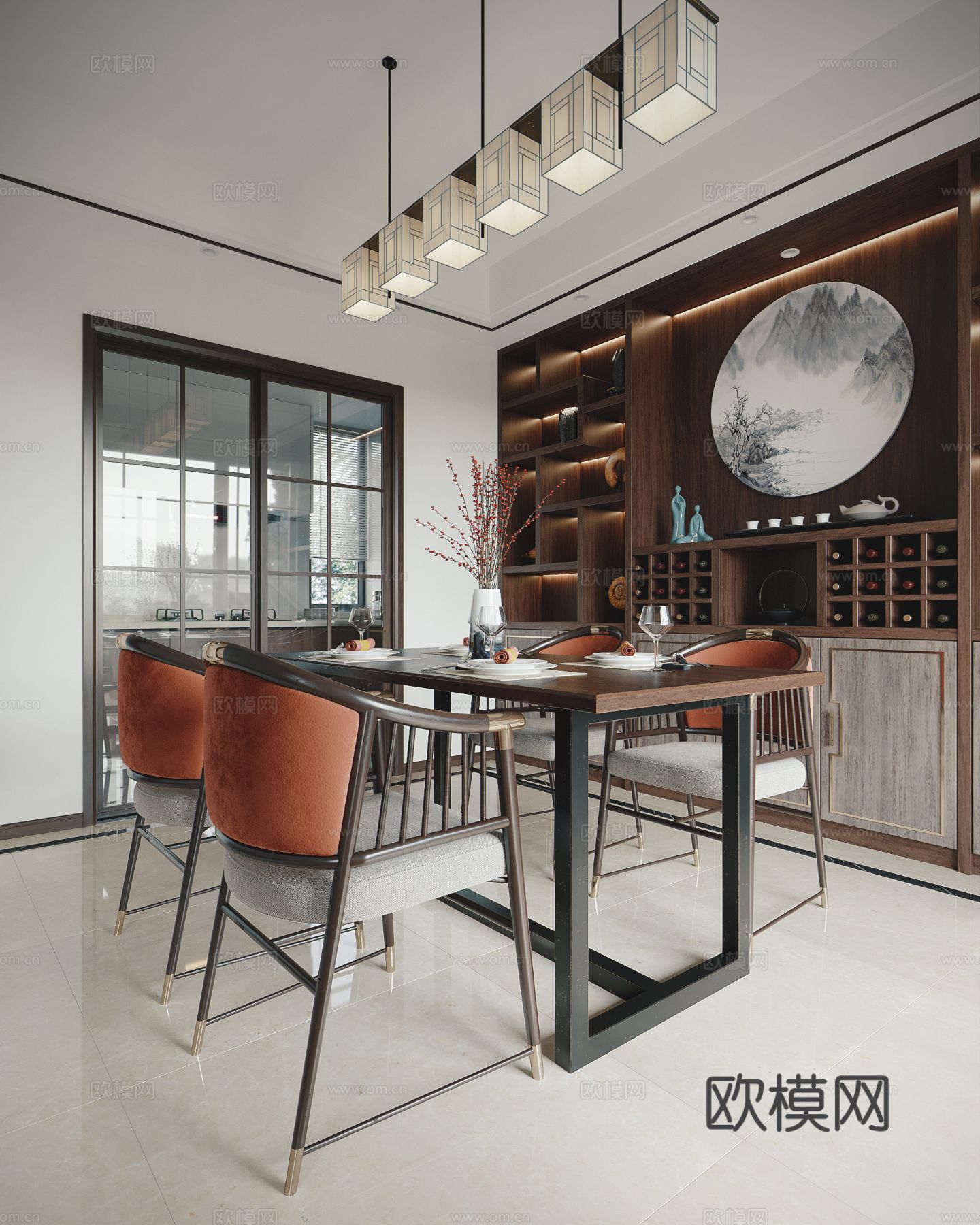 宋式新中式复式家装风格效果图下载（渲染图2）