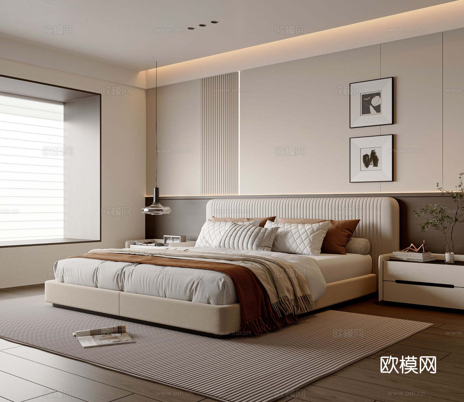 现代简约卧室 双人床 吊灯 挂画 卧室摆件 主卧 挂画3d模型
