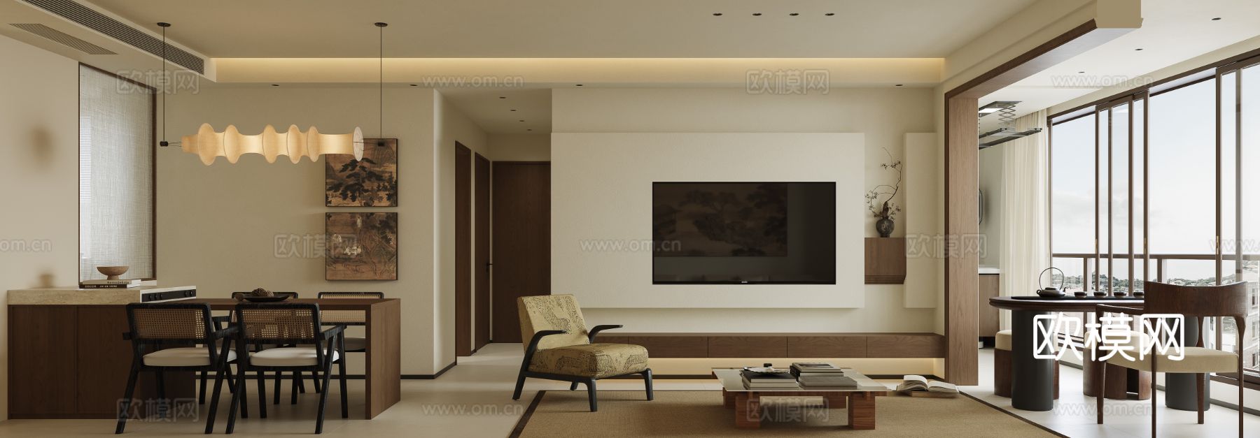 宋式新中式大平层家装风格效果图下载（渲染图2）