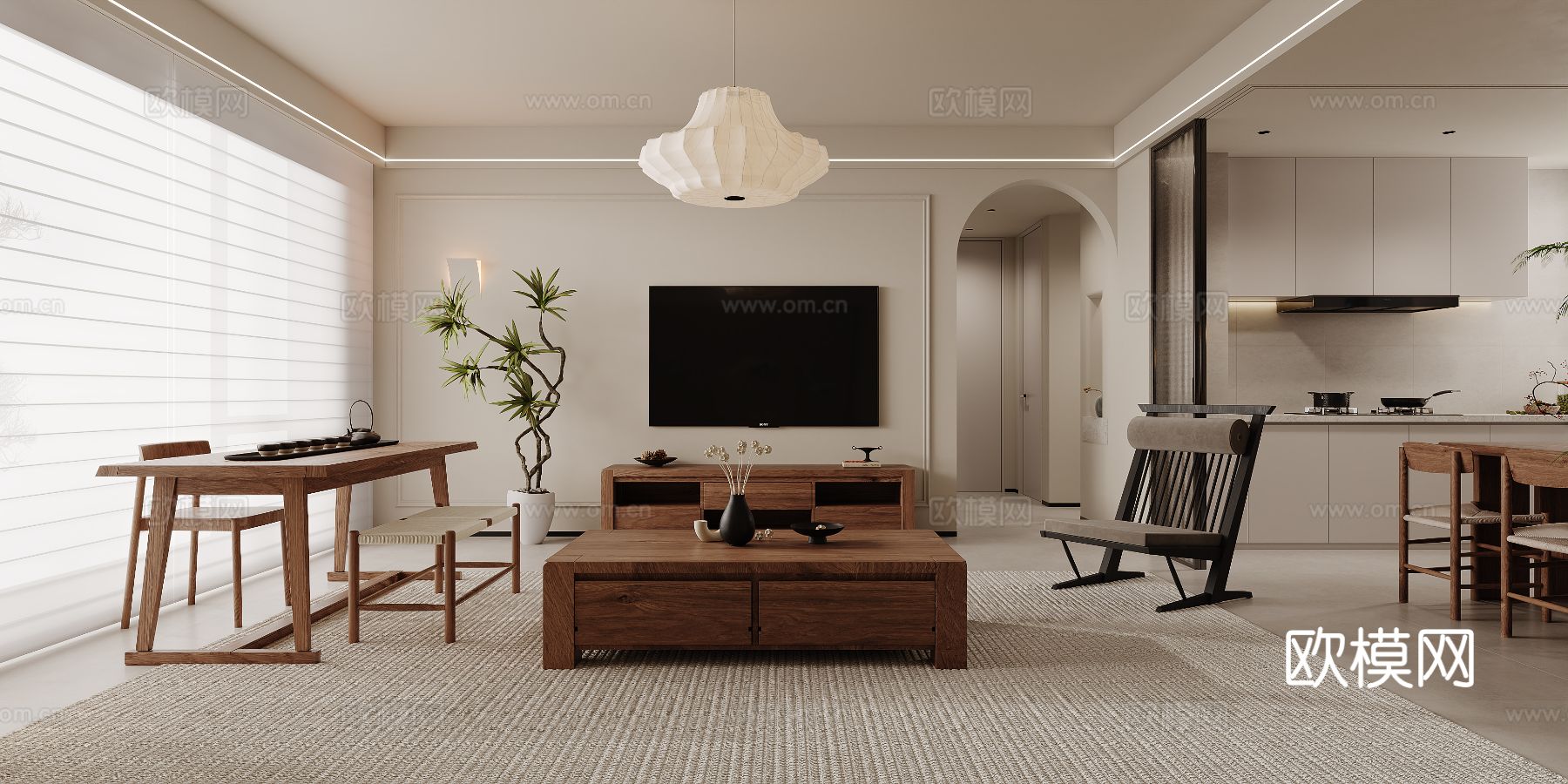 宋式新中式大平层家装风格效果图下载（渲染图3）